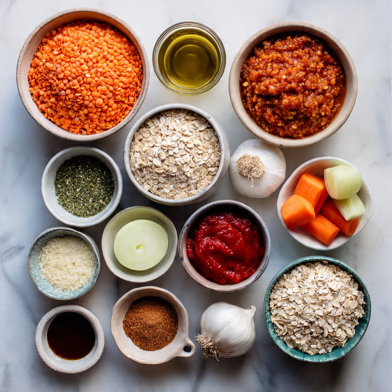 A large white pan filled with five main layers arranged side by side and piled slightly in the center. The first layer on the left is finely chopped orange carrot bits mixed with some seasoning. Next to it is a mound of small dark brown lentils covering much of the middle surface. To the right of the lentils is a large pile of light beige rolled oats with a rough texture. At the front center is a small stack of fresh chopped bright green herbs. The pan has streaks of orange seasoning around the sides, and the whole setup sits against a white marbled textured surface. photo taken with an iphone --ar 4:5 --v 7