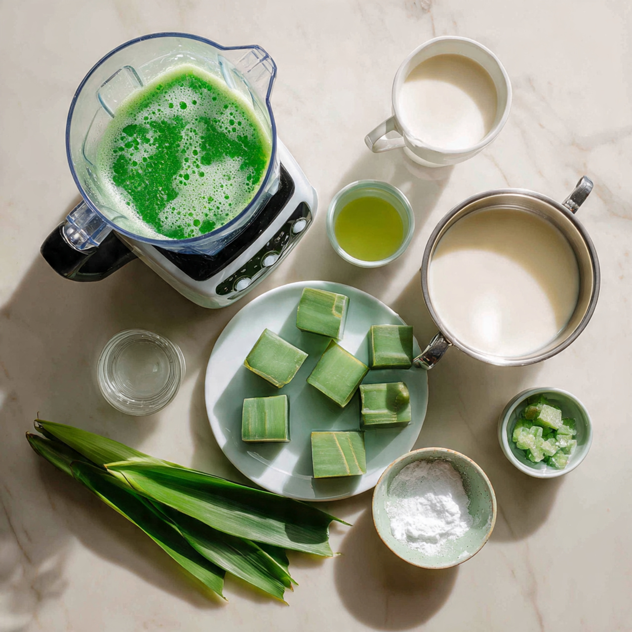 A close-up view inside a clear blender jar showing a green frothy liquid mixture layer with bubbles, textured with small bits of leafy green herbs stuck on the glass sides. A spatula with a white base decorated by colorful bird and floral illustrations is placed vertically in the blender, its gold handle extending upward out of the frame. The blender jar sits in a metal sink with a shiny surface and a white marbled background around it. photo taken with an iphone --ar 4:5 --v 7