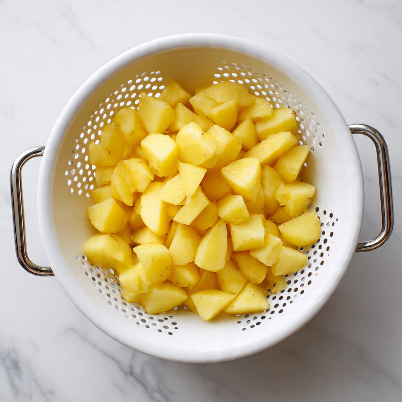 A white colander with small round holes, filled with many pieces of peeled and chopped yellow potatoes, sits on a white marbled surface. The potatoes are roughly cut into medium-sized chunks showing a smooth, matte texture. The colander has two metal handles on each side and is viewed from above, capturing the bright yellow potatoes inside clearly. photo taken with an iphone --ar 4:5 --v 7