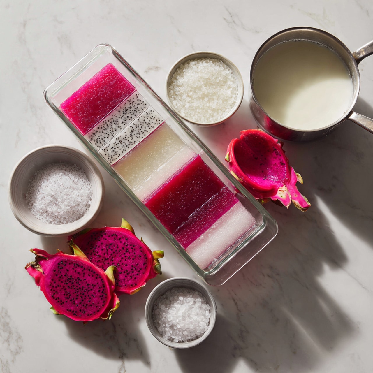 A white pot filled with a smooth, light purple liquid is being stirred by a grey and gold whisk. The liquid has a slightly frothy texture on the surface with small bubbles around the edges. The pot sits on a stove, and there is a splash of the purple liquid on the rim of the pot. The background shows a white marbled texture. photo taken with an iphone --ar 4:5 --v 7