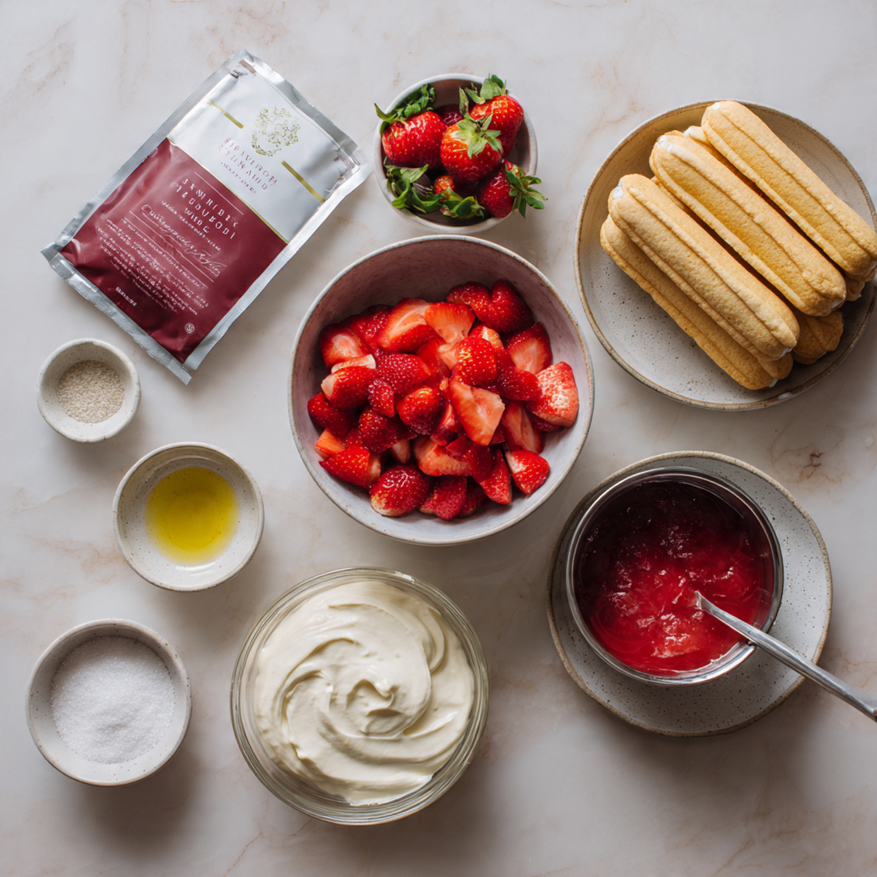 The image shows eight clear glasses arranged in two rows on a white marbled surface, each containing a three-layer dessert. The bottom layer is a red jelly or fruit sauce. On top of that is the second layer made of two small rectangles of light brown cake placed side by side. A woman's hand is holding a white piping bag and is squeezing white whipped cream in a spiral shape on the top cake layer of a glass in the middle row. The whipped cream looks soft and fluffy, covering the top layer almost fully in most of the glasses. Photo taken with an iphone --ar 4:5 --v 7
