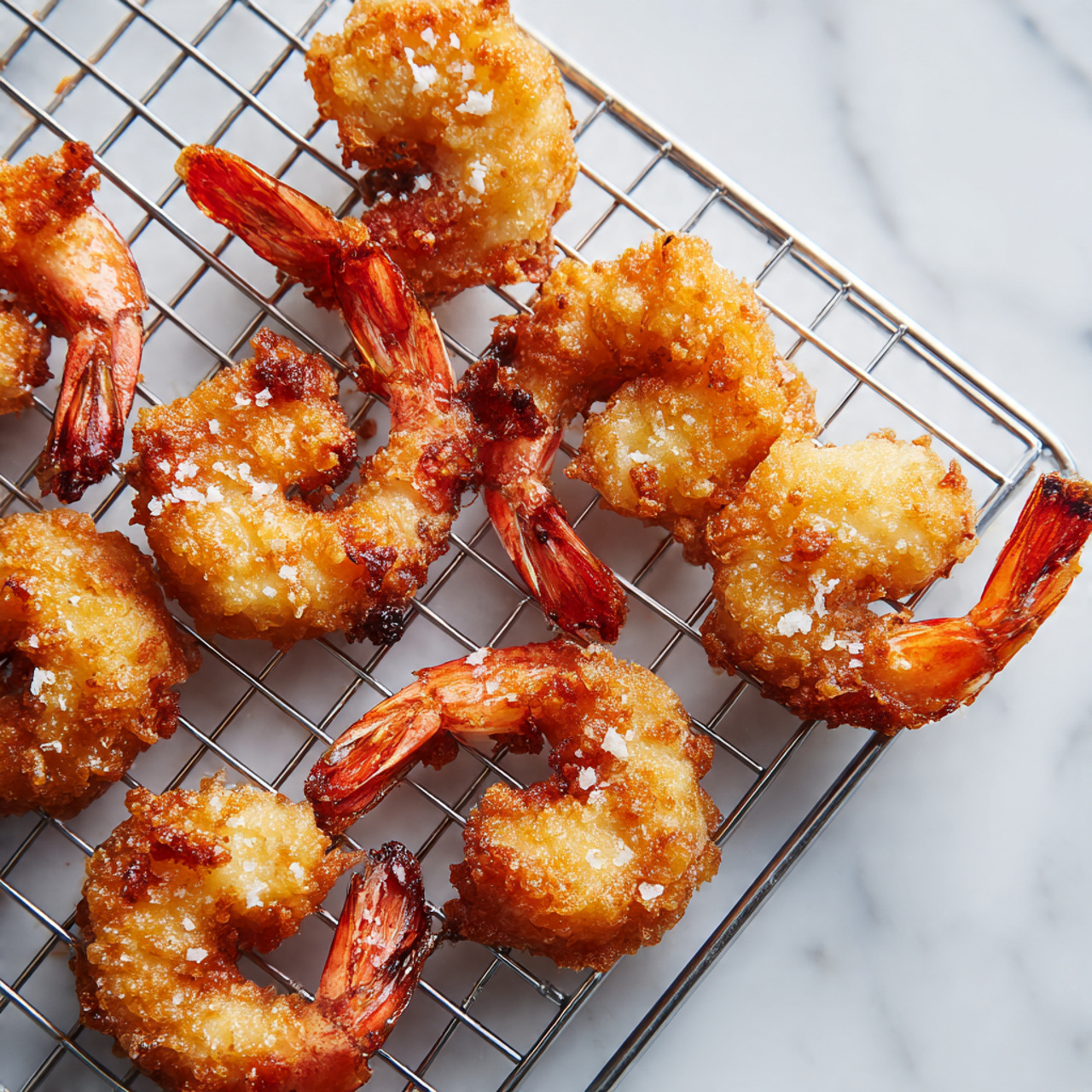 Several pieces of fried shrimp with golden brown crispy coating sit on a metal cooling rack. Each shrimp has a rough texture with bits of crunchy batter and some grains of coarse salt on top. The shrimp tails are bright red and curve away from the fried part. The metal rack is placed over a white marbled surface. photo taken with an iphone --ar 4:5 --v 7