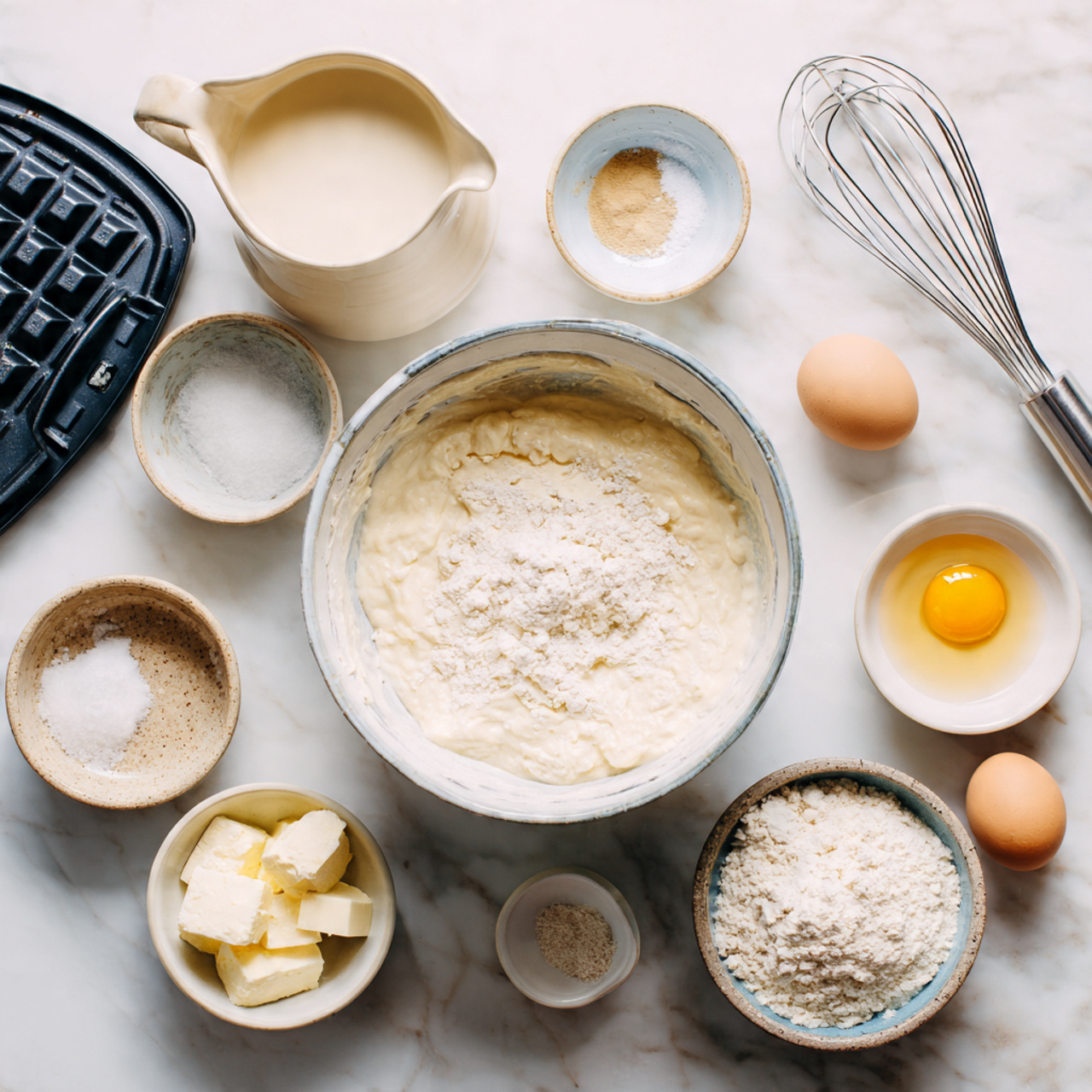 A clear glass bowl placed on a white marbled surface holds a white liquid with a dollop of beige thick paste on one side. A woman's hand is pouring a thick, smooth yellow liquid from a small clear measuring cup into the bowl, creating a gentle stream that spreads over the white liquid. The scene focuses on the action and the layers of colors in the bowl. photo taken with an iphone --ar 4:5 --v 7