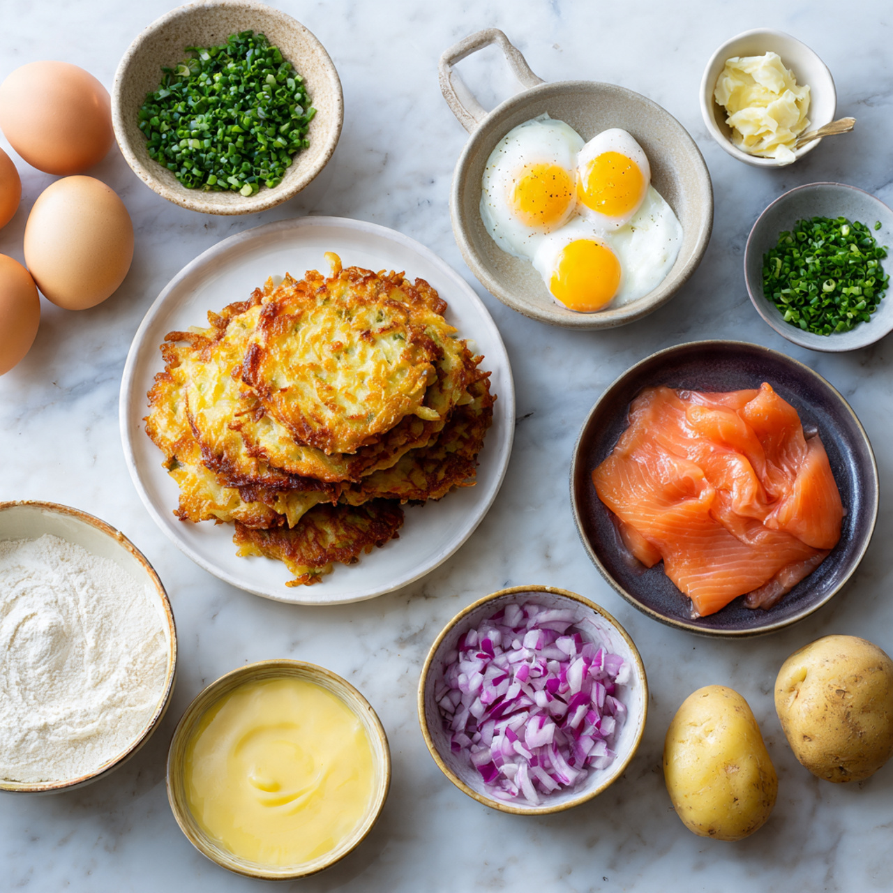 Two servings of eggs Benedict are plated on a round white plate, each consisting of a crispy, golden-brown potato latke base topped with a thin layer of pink ham, then a perfectly poached white egg, covered with a smooth pale yellow hollandaise sauce. The sauce drips slightly onto the plate, and the eggs are garnished with small bits of finely chopped red onion and green chives, along with a light sprinkle of reddish paprika. Beside the plate, there is a gold fork and knife, resting partly on a metal spoon. In the soft-focus background, there are small bowls of salt and spices and a speckled white ceramic jug on a white marbled surface, with a gray cloth nearby. photo taken with an iphone --ar 4:5 --v 7