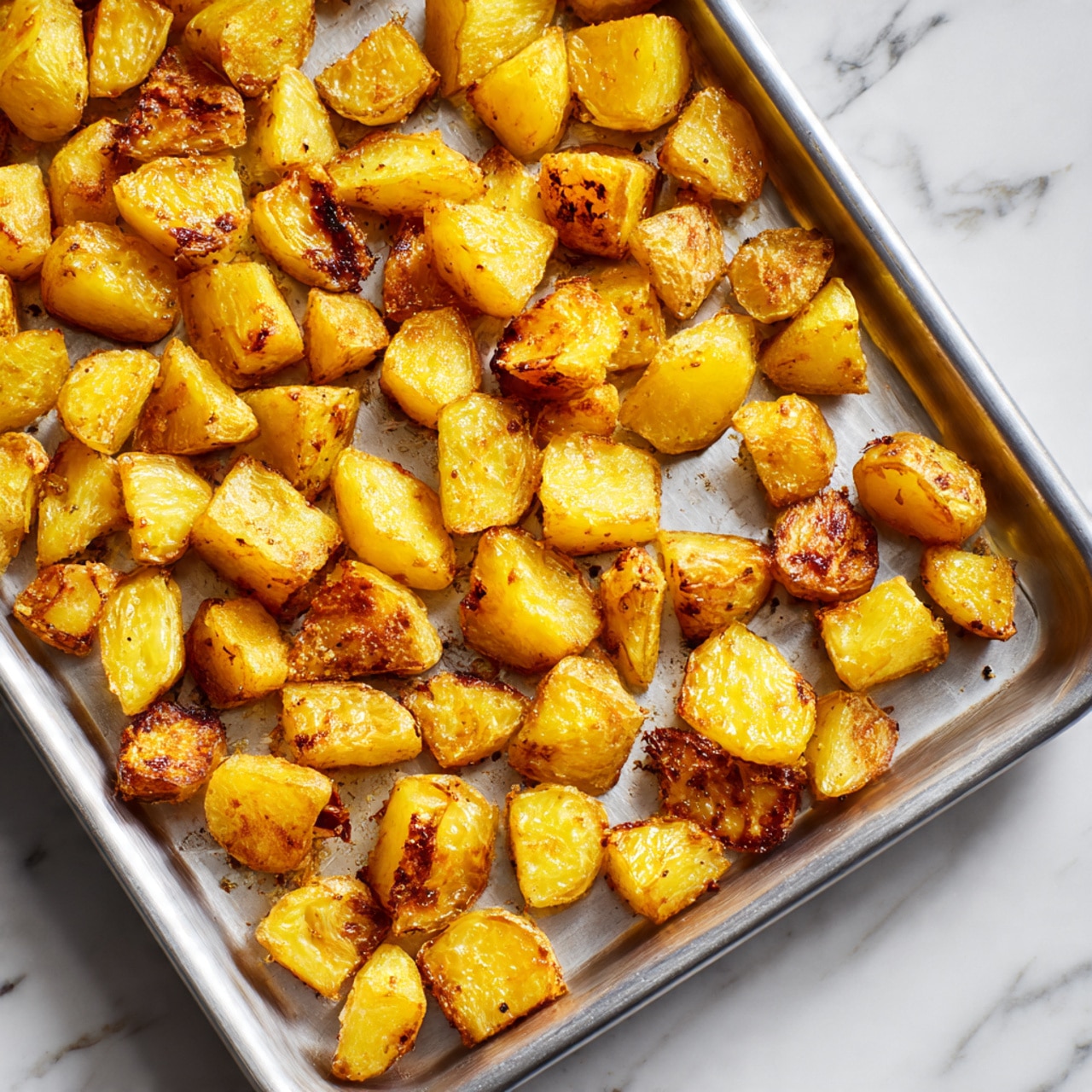 A large silver baking tray holds many small, unevenly shaped pieces of roasted potatoes. Each piece has a golden-yellow color with some darker brown crispy parts on the edges and surfaces. The potatoes are spread out evenly and rest on a clean silver tray, which shows some oil and light brown roasting marks. The background surface is a white marbled texture. photo taken with an iphone --ar 4:5 --v 7