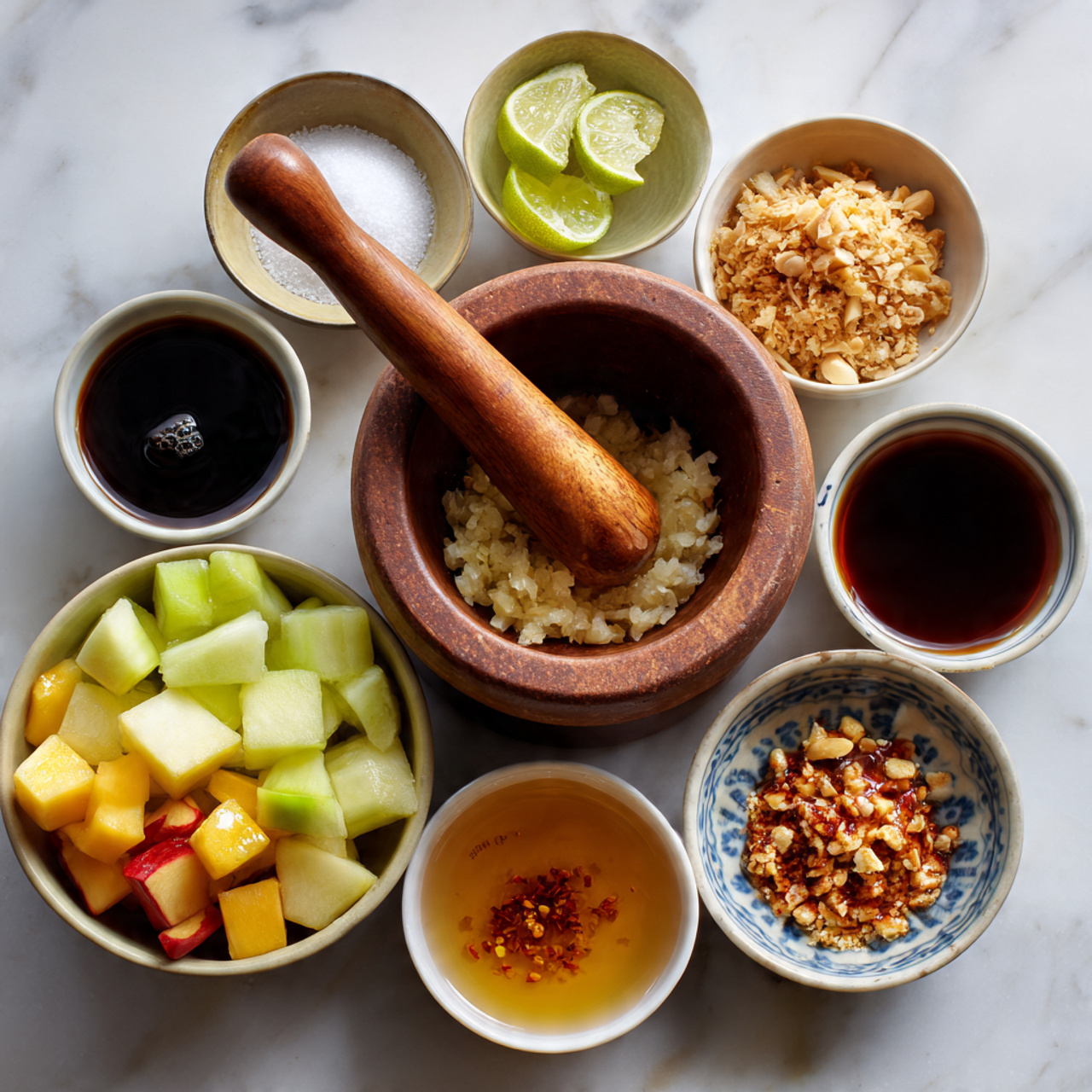 A close-up view shows a rough, speckled grey stone mortar containing a mashed mixture with a thick, slightly chunky texture in pale orange and red tones scattered throughout. A wooden-handled spatula with a light brown silicone head rests inside the mortar, partially covered with the mixture. In the blurry background, some small white bowls hold various ingredients including dark sauces and pieces of fruit, all placed on a white marbled surface. photo taken with an iphone --ar 4:5 --v 7
