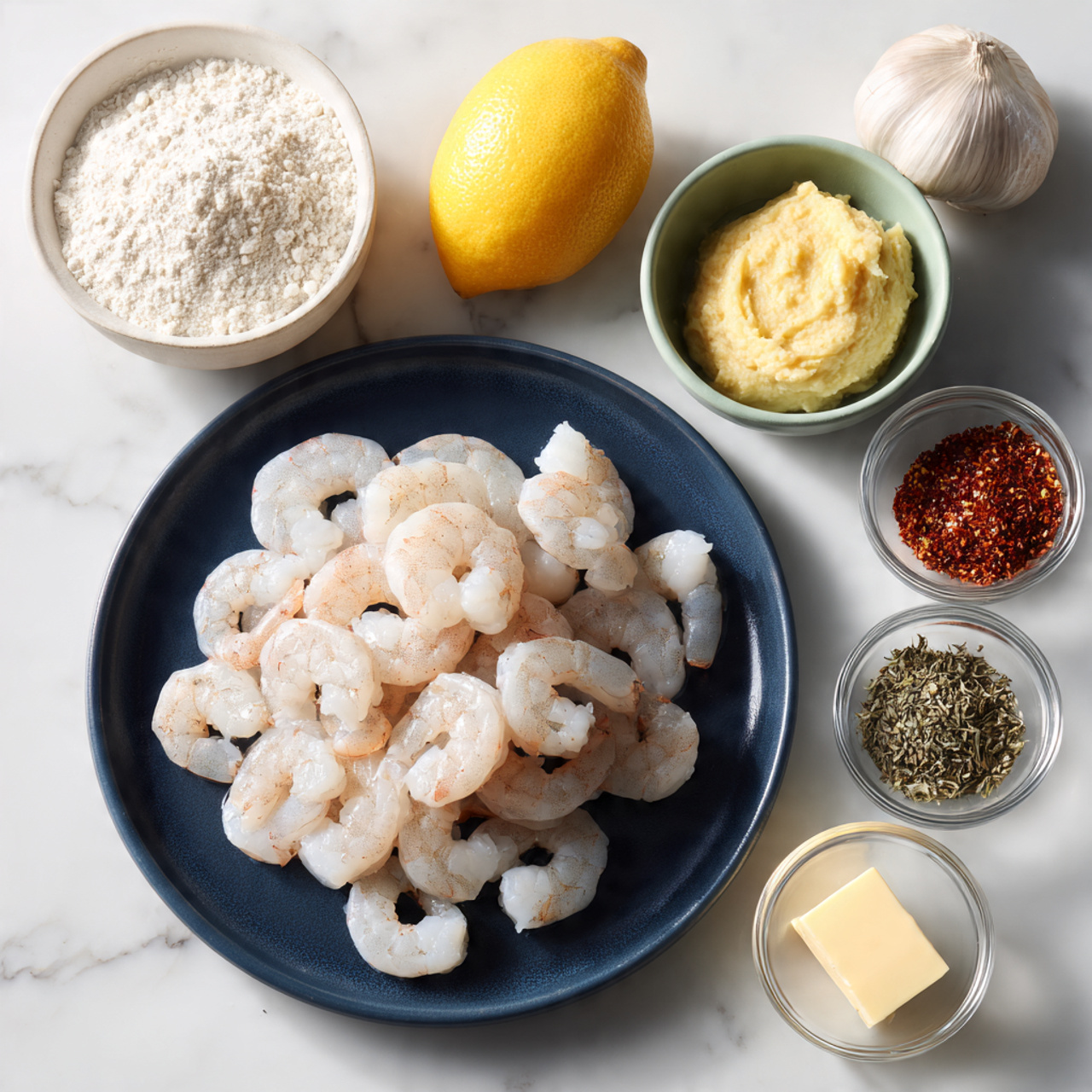A dark blue round plate filled with many raw shrimp piled high in the center, each shrimp pale pink with white accents and slightly translucent, positioned on a white marbled surface. Surrounding the plate, from top left moving clockwise, are a white bowl full of white flour, a yellow lemon, a whole garlic bulb, a light green bowl loaded with soft yellow mashed butter or spread, a small white bowl with crushed red spices, another small white bowl containing a mix of dried green and red herbs, and a small clear round bowl holding a thick square of butter, all arranged neatly around the shrimp plate. photo taken with an iphone --ar 4:5 --v 7