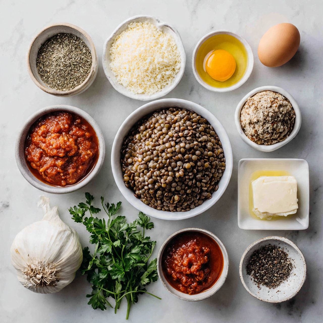 A clear food processor bowl sits on a white marbled surface, filled with layers of ingredients. On the left, there are large white onion pieces, rough and chunky. In the center, small brown lentils form a textured mound. To the right of the lentils, there is a small pile of fresh green parsley leaves, bright and leafy. Next to the parsley, a blob of red paste adds a smooth, vibrant contrast. Near the center, some light tan liquid sits underneath the grated white cheese, which is sprinkled finely over the ingredients. The surface shows a light sprinkle of black pepper and salt crystals scattered over the top. Photo taken with an iphone --ar 4:5 --v 7