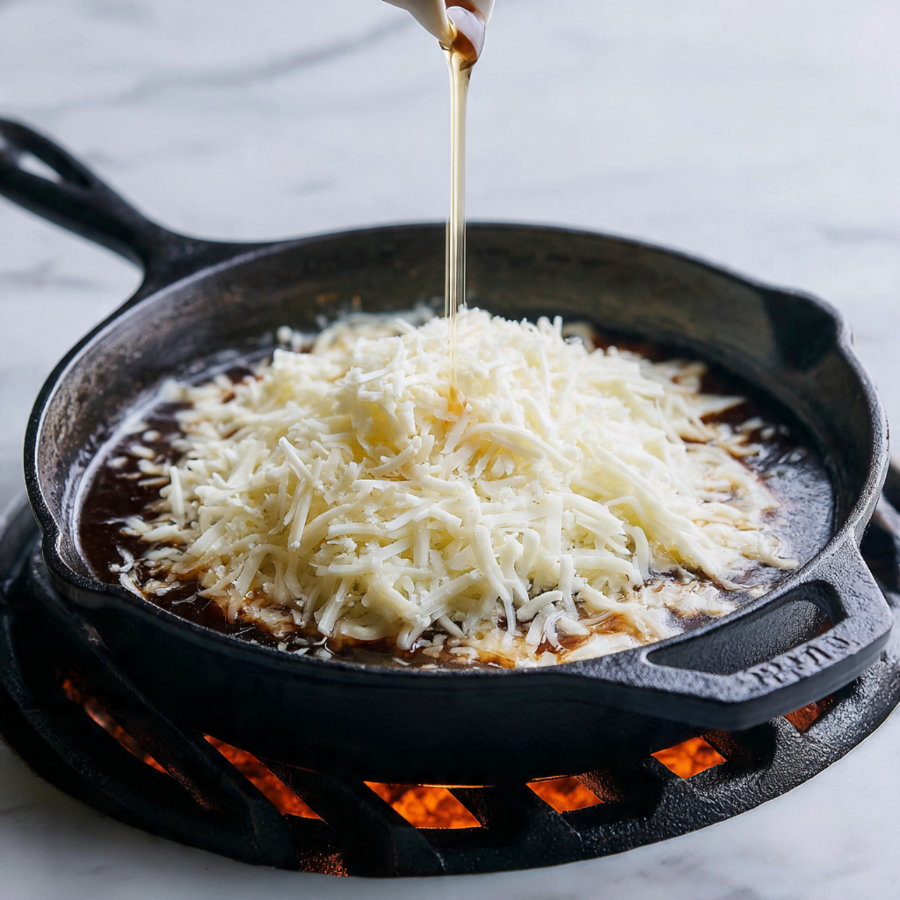 A black cast iron skillet is set on a grill with visible hot flames below. Inside the skillet, there is a thick dark brown liquid layer that fills the base, topped with a mound of white shredded cheese in the center. A thin stream of pale liquid is pouring down onto the cheese from above, creating a slight splash. The grill bars and the texture of the cast iron are clear, and the background has a soft natural light. The whole scene sits on a white marbled texture surface. Photo taken with an iphone --ar 4:5 --v 7