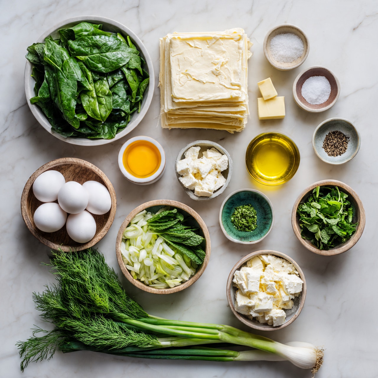 The image shows two white pots placed side by side on a white marbled surface. The pot on the left contains a single layer of cooked chopped leeks with a soft texture, pale green and white in color, spread across the bottom. The pot on the right has a single layer of cooked spinach mixed with some small pieces of onion, showing a darker green color and a slightly wet texture. Both pots have two handles and are shown from above. photo taken with an iphone --ar 4:5 --v 7