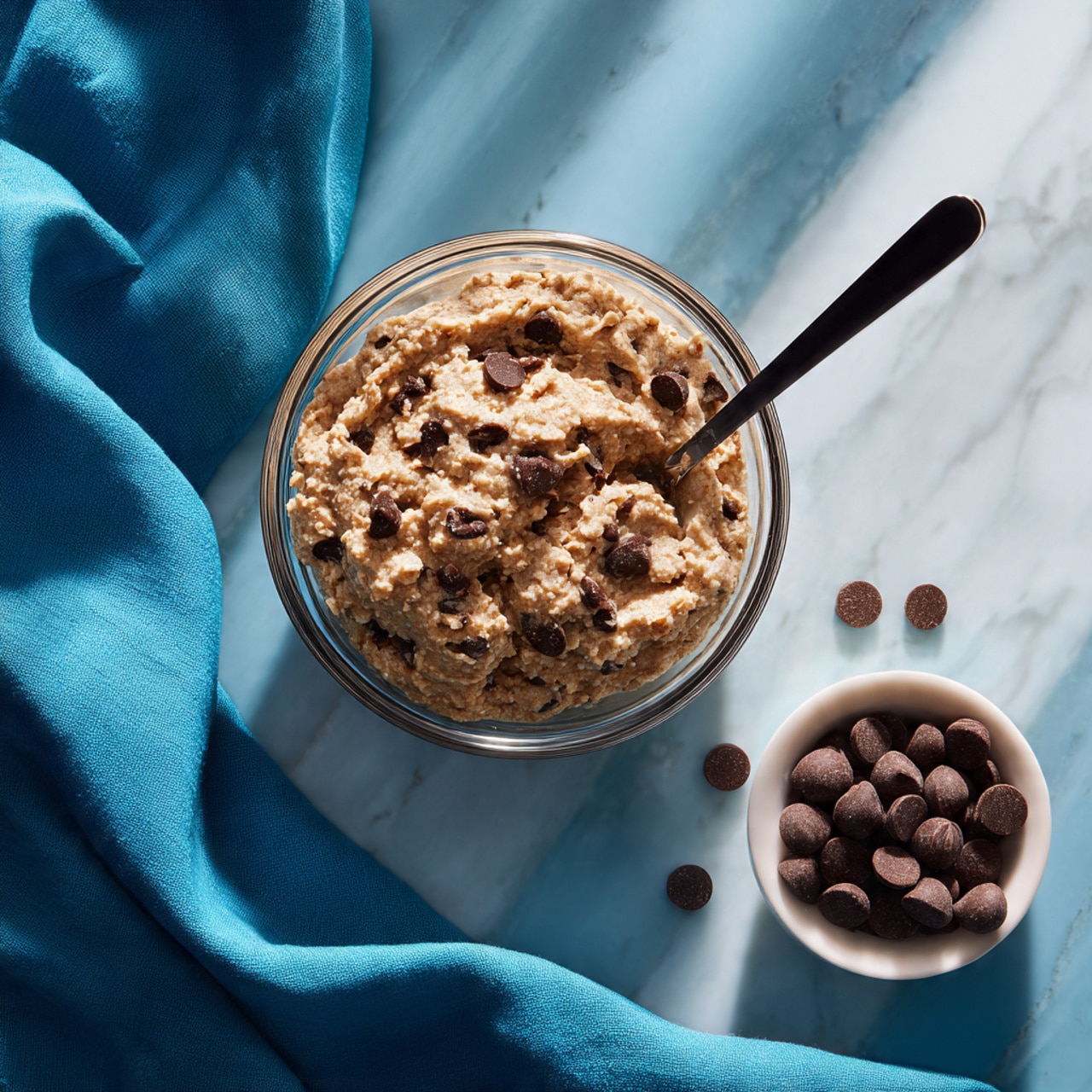 A clear glass bowl holds a thick, rough-textured dough with visible layers of light brown oats and small dark brown chocolate pieces. A black spoon rests in the dough, partly buried in the mix near the bottom right of the bowl. To the right of the bowl, a small white bowl filled with many small, round chocolate pieces sits on a rich blue cloth with soft folds, all placed on a white marbled surface. photo taken with an iphone --ar 4:5 --v 7