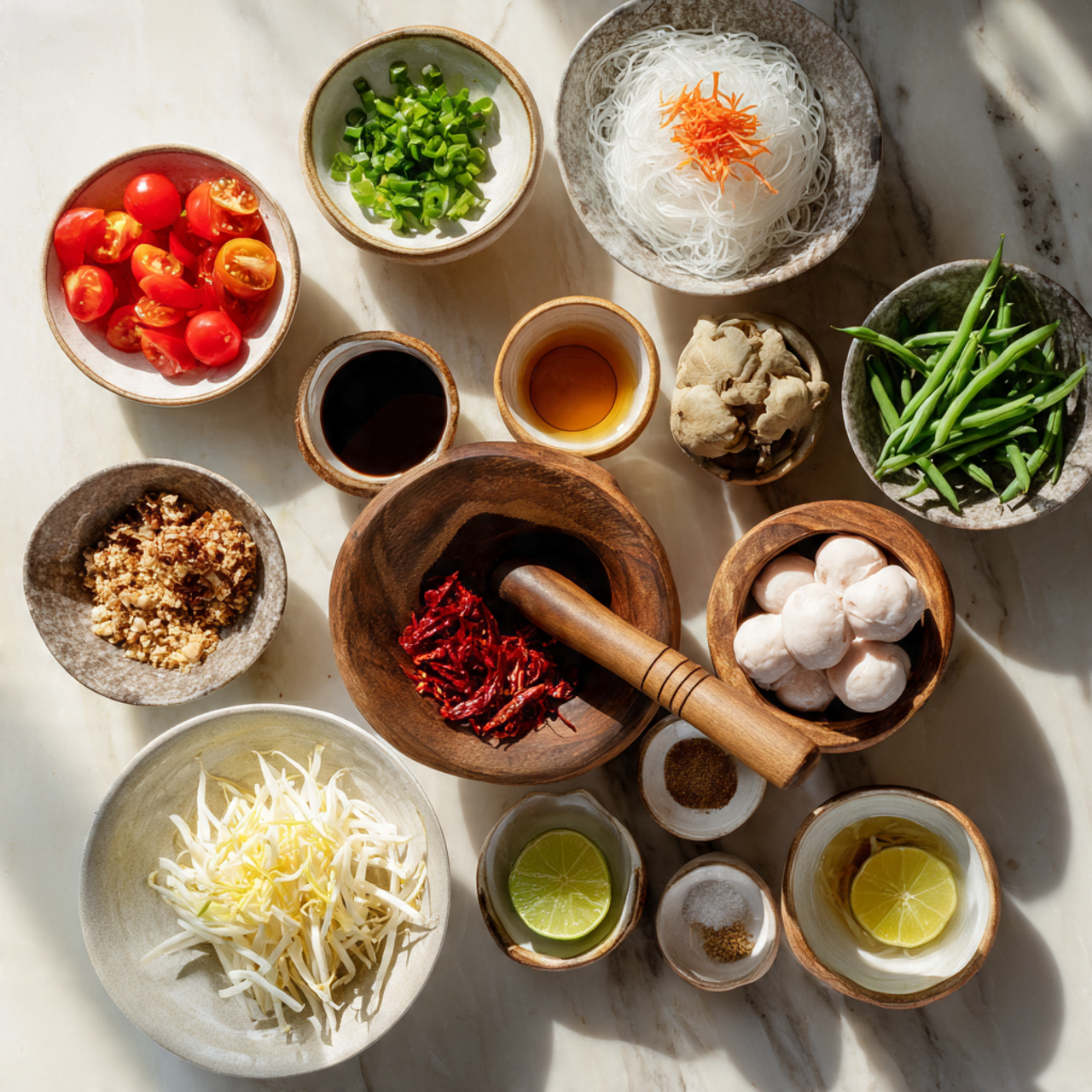 Inside a deep rustic brown clay mortar, there are four groups of fresh vegetables arranged in separate piles: light green shredded cabbage on the left, bright orange shredded carrots on the top right, pale white sliced stems on the bottom right, and translucent thin slices of a light green vegetable on the left side. At the very bottom, some small green and red chili peppers peek out. The background is a white marbled surface, with a white plate decorated with red and yellow floral patterns blurred in the background, holding a small bowl of light-colored ingredients. photo taken with an iphone --ar 4:5 --v 7