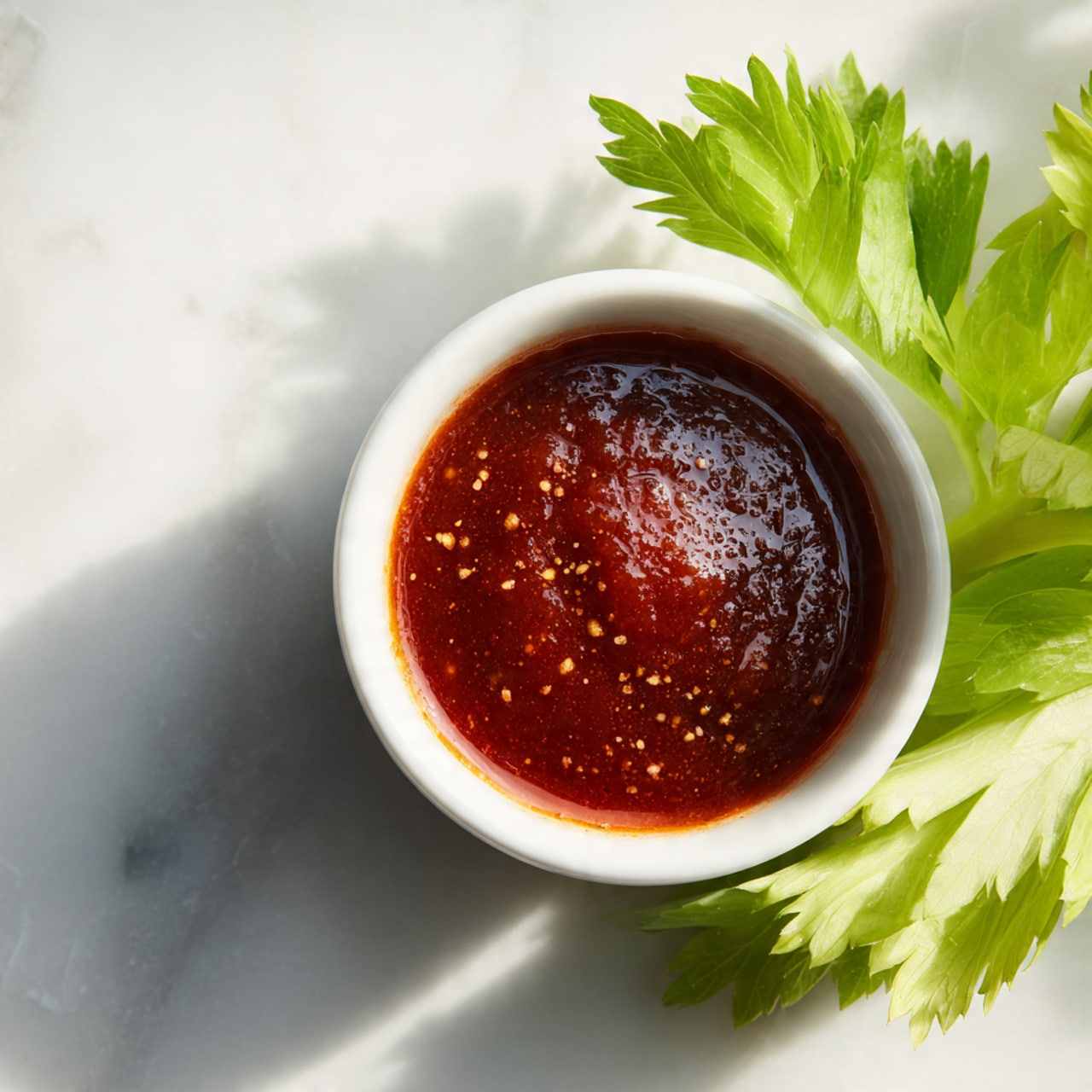 A small white bowl is filled about halfway with thick dark red sauce that has a smooth texture with some small spice flecks. The inside rim of the bowl has a thin ring of the sauce sticking to it. To the bottom right of the bowl, a bunch of fresh light green celery leaves rest on a white marbled surface. The scene is bright with natural light coming from the left side, casting soft shadows. Photo taken with an iphone --ar 4:5 --v 7