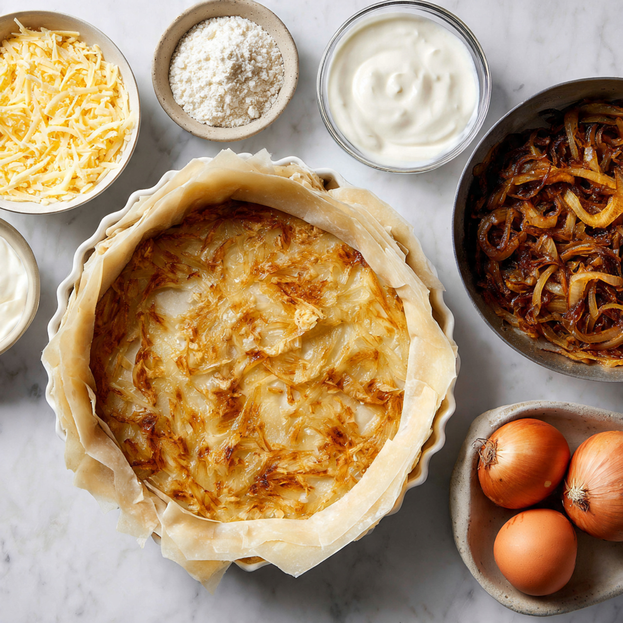 The image shows a white bowl filled with a layered dish on a white marbled surface. The bottom layer is made with thin and crispy golden-brown pastry sheets that lift up around the edges. On top of the pastry, there is a layer of shredded pale yellow cheese scattered evenly. A blender container held above the bowl is pouring a smooth, creamy white liquid over the cheese, starting to fill the bowl’s center. The scene is bright with soft natural light. photo taken with an iphone --ar 4:5 --v 7