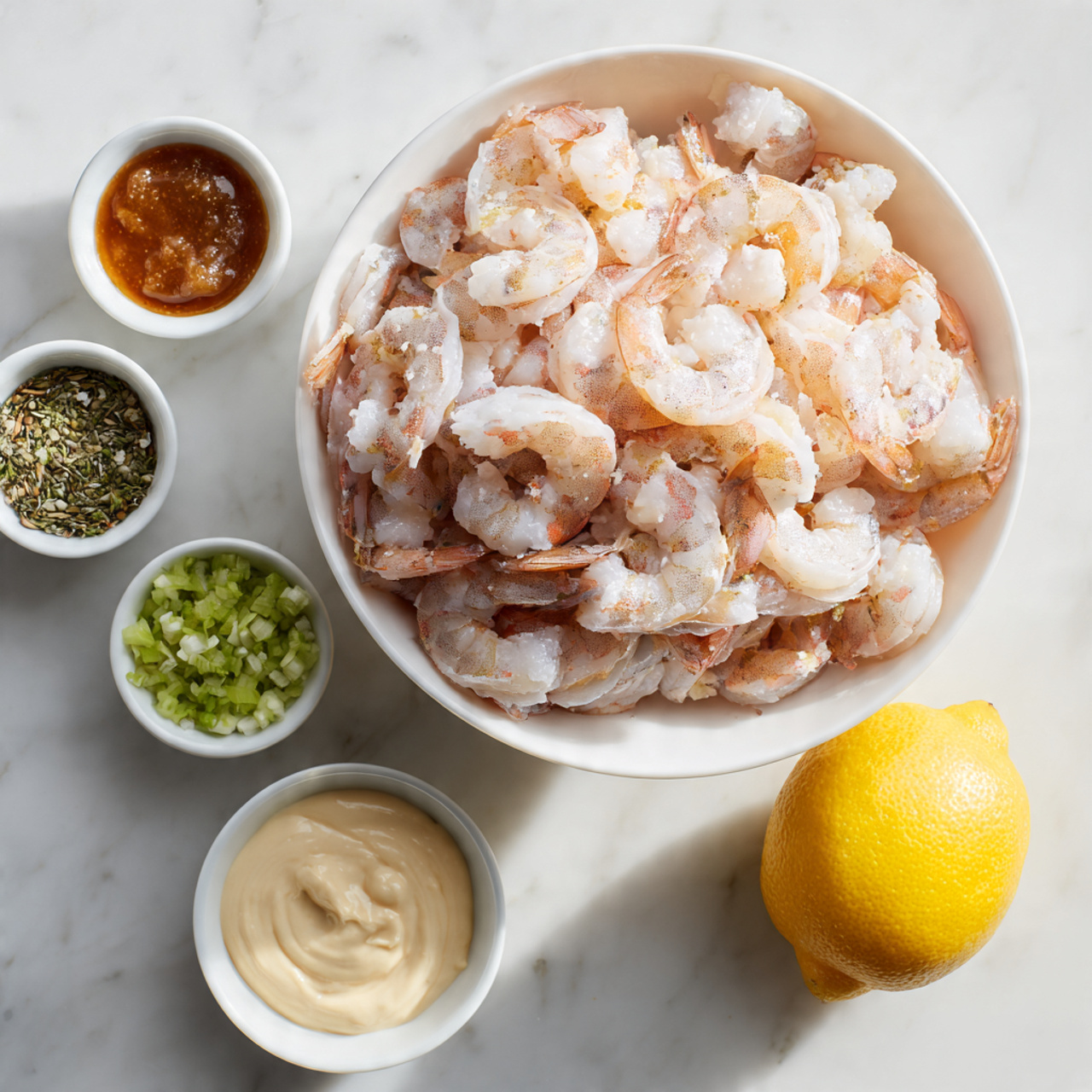 A clear glass bowl filled with a layer of crushed ice at the bottom, topped with a pile of peeled, cooked shrimp with a light pink and white color, arranged loosely in the bowl; the bowl sits on a white marbled surface. photo taken with an iphone --ar 4:5 --v 7