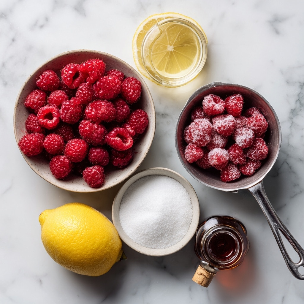 A white plate holds three folded light golden crepes with small brown spots, topped with vibrant red raspberry sauce that looks thick and textured with visible seeds. Next to the crepes, there is a dollop of white cream with a smooth texture. Fresh whole raspberries are scattered around the plate and on the crepes, adding bright red pops of color. A silver spoon rests on the edge of the plate, with some raspberry sauce on it. The plate sits on a white marbled surface, with a gray knitted cloth nearby and two small jars filled with more raspberry sauce in the background, some fresh raspberries scattered around. Photo taken with an iphone --ar 4:5 --v 7