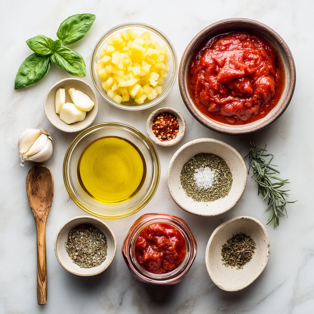 A white bowl holds a serving of yellow spaghetti noodles arranged in a loose circular pile, topped by a smooth, thick layer of bright red tomato sauce with visible small bits of herbs and vegetables. On top of the sauce are three fresh green basil leaves and finely chopped parsley sprinkled lightly, adding contrast and freshness. The bowl is placed on a white marbled surface with some fresh green leaves partially visible in the background. photo taken with an iphone --ar 4:5 --v 7
