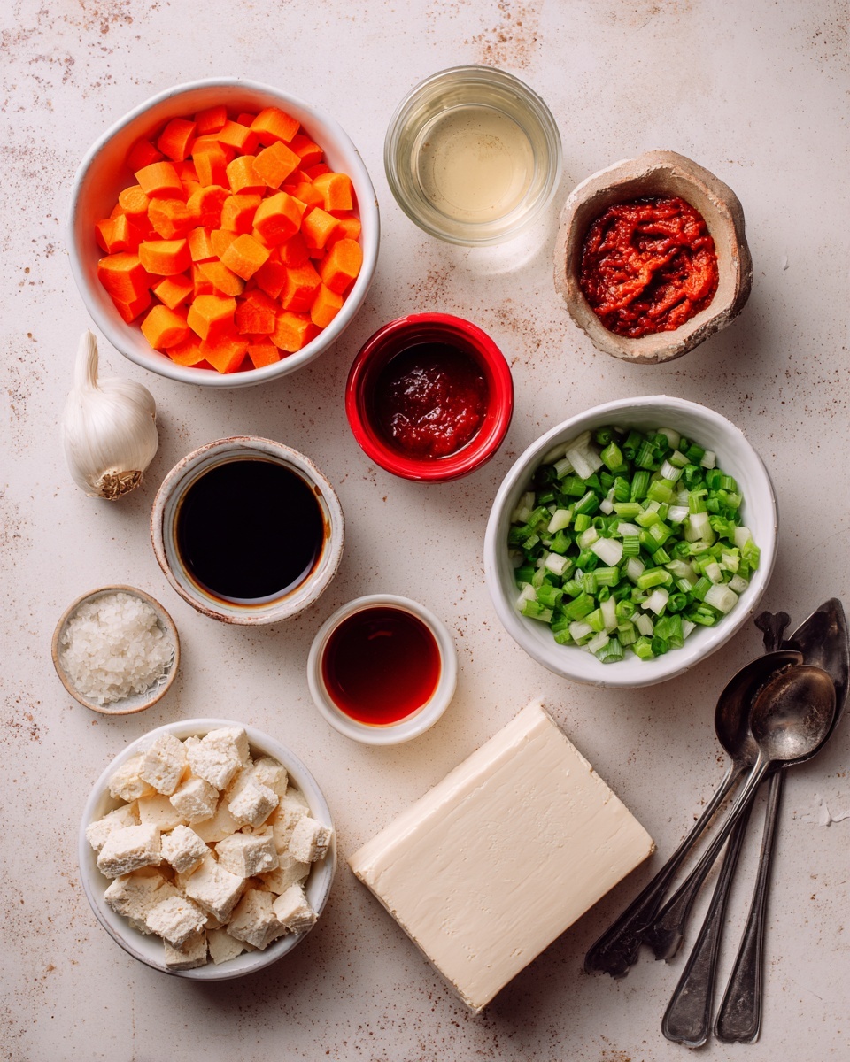 The image shows a flat layout of various ingredients arranged neatly on a white marbled surface. There are two white bowls filled with chopped bright orange carrots and finely chopped green onions, placed near the top right. A square block of pale tofu rests on the bottom left. A red container of crushed ginger is at the right center, and a red container of gochujang, a dark red thick paste, sits near the middle. Small white bowls hold minced garlic, a light amber liquid, soy sauce, and a white powder. Metal measuring spoons contain clear liquids and are placed near the tofu block. The colors range from white and beige to bright orange, red, green, and brown, all set on a clean white marbled surface with soft natural light. photo taken with an iphone --ar 4:5 --v 7