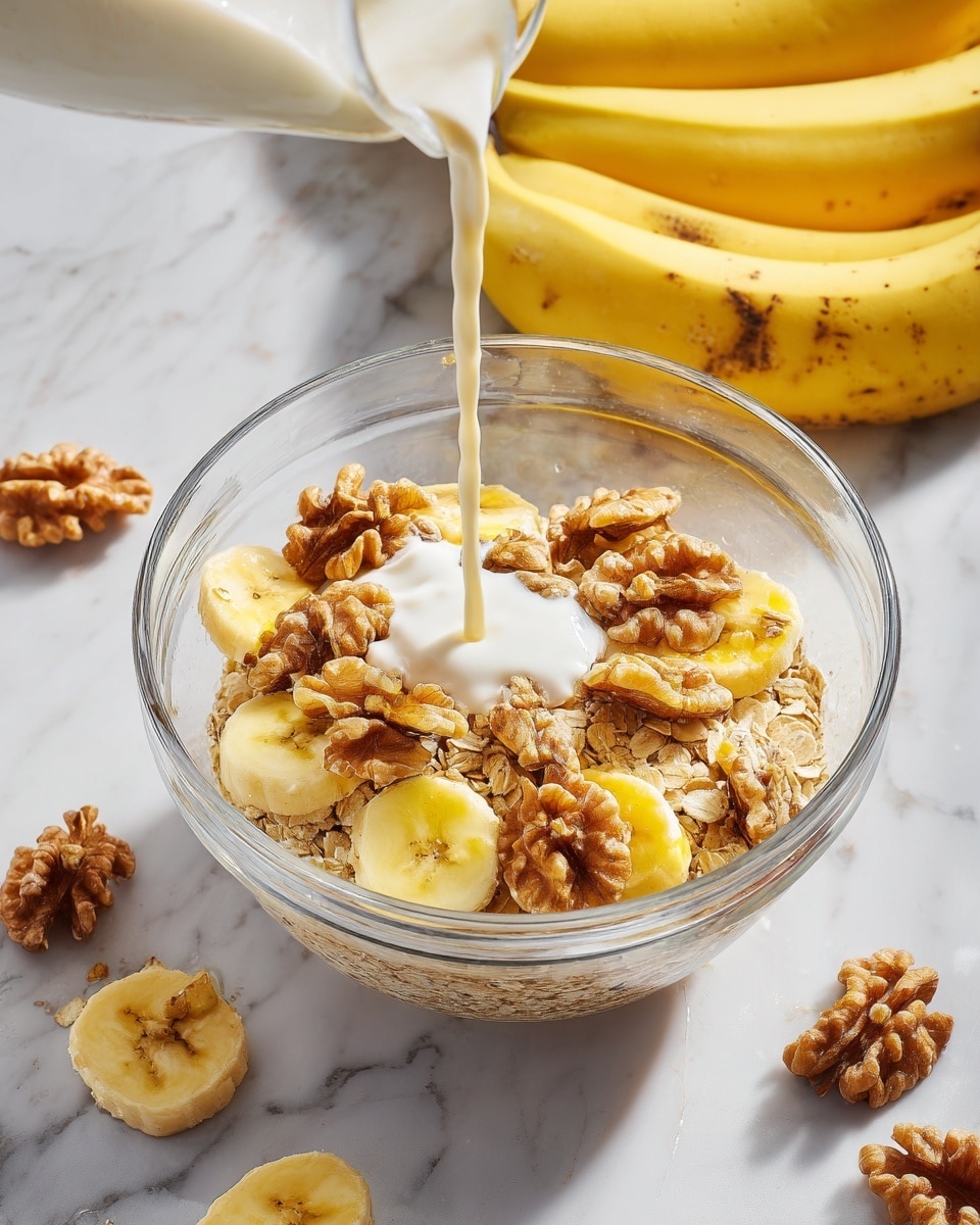 A clear bowl is filled with one layer of golden rolled oats at the bottom, topped with a second layer of sliced yellow banana pieces, followed by a third layer of large, light brown walnut halves scattered on top. White milk is being poured over the walnuts from the top right corner, showing motion and a creamy texture. Around the bowl, whole yellow bananas with some brown spots and additional walnuts are placed on a white marbled surface. The photo has soft lighting and a clean, fresh look photo taken with an iphone --ar 4:5 --v 7