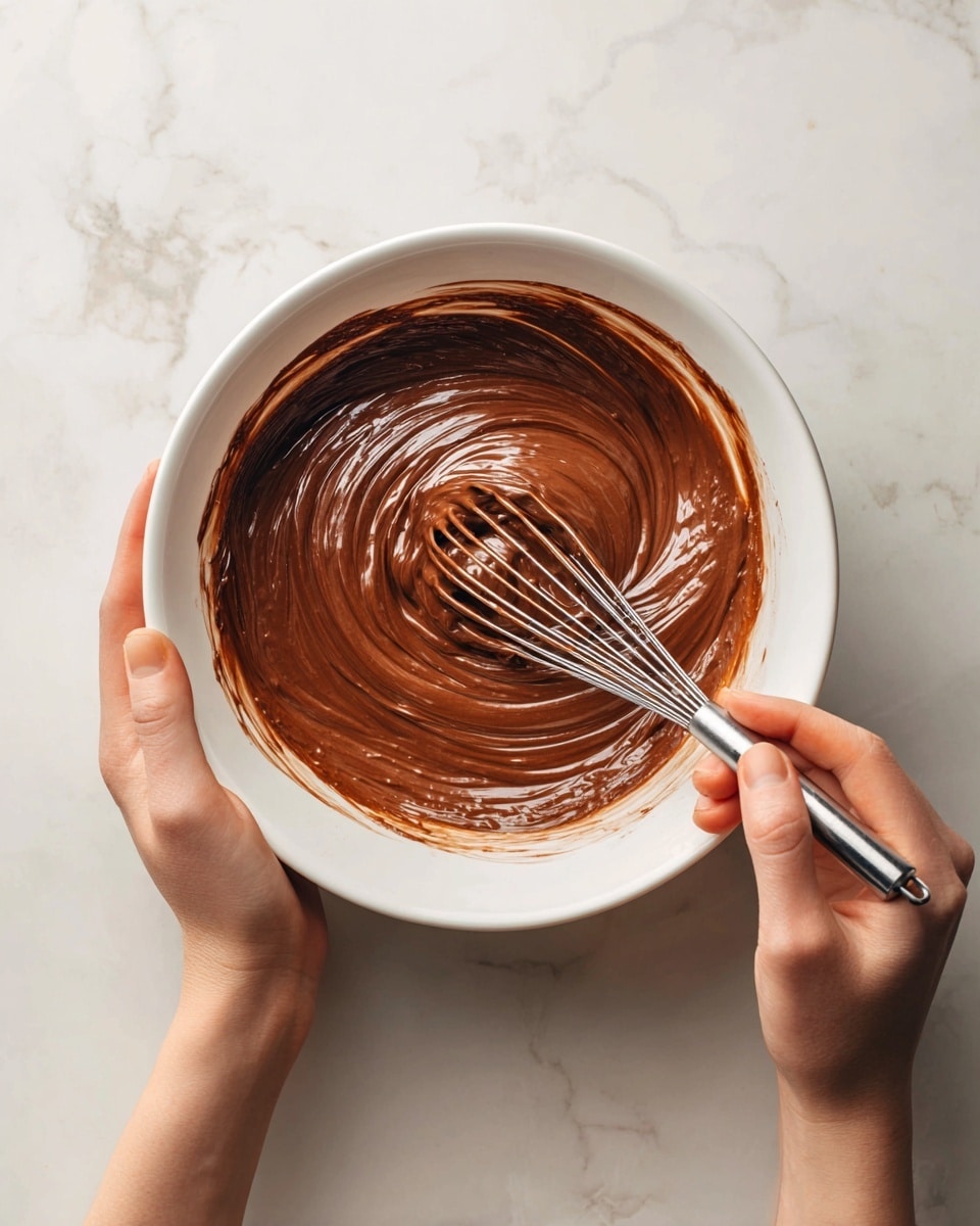 Inside a white bowl, thick smooth brown chocolate batter is being stirred with a silver whisk. The batter has a glossy, shiny texture, with swirls showing the motion of mixing. A woman's left hand holds the bowl steady, while a woman's right hand stirs the batter. The bowl rests on a white marbled surface. photo taken with an iphone --ar 4:5 --v 7