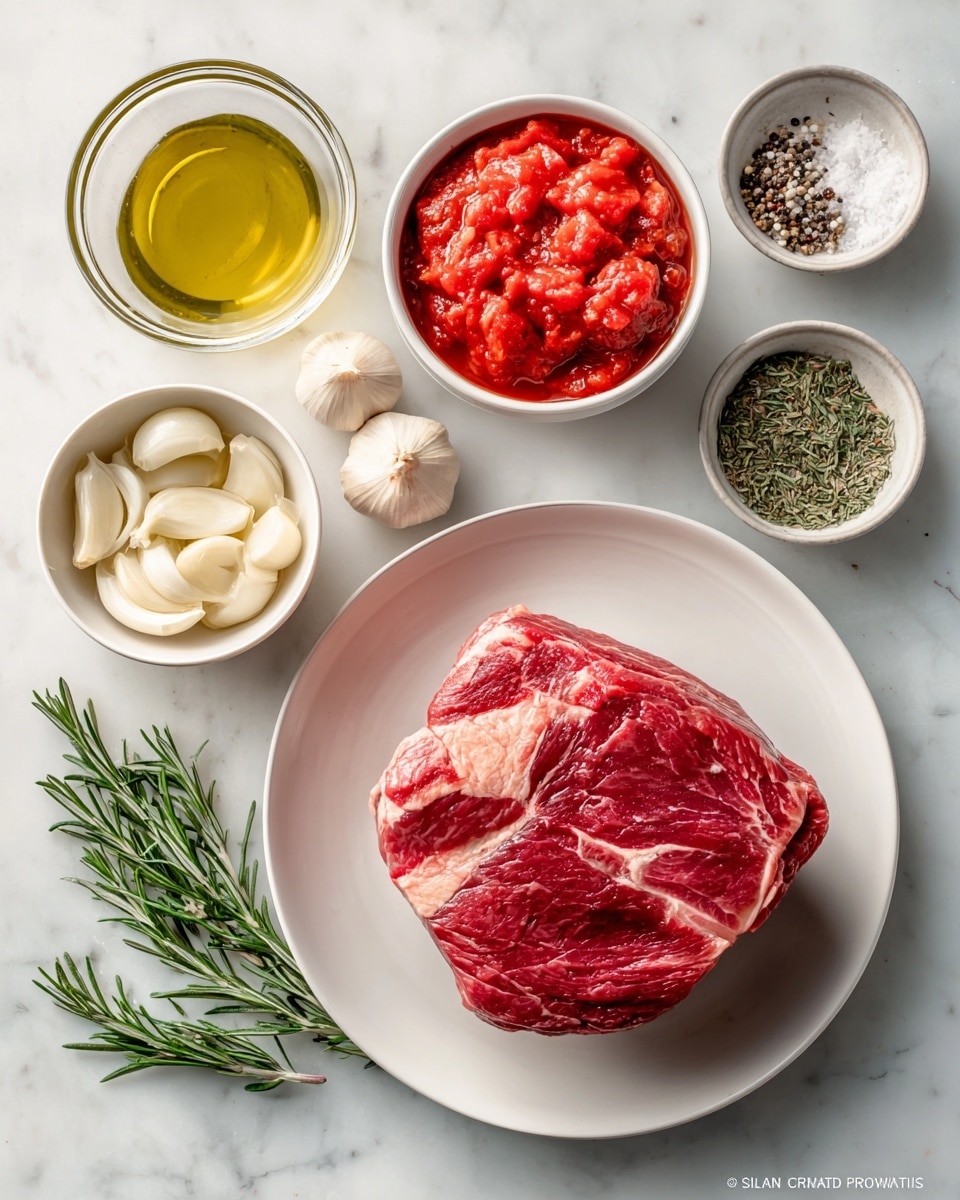 The image shows four stages of making a beef dish. The first part has a raw beef piece placed on a white plate on a white marbled surface, with slices of garlic scattered on top and a partly opened can of tomato next to it. The second part displays two browned cooked beef pieces in a beige pan with some seared garlic pieces, set on a white marbled surface with a kitchen towel nearby. The third part shows a white slow cooker pot filled with browned beef, whole peeled tomatoes in red sauce, garlic cloves, and sprinkled green herbs. The last part features the same white slow cooker pot with the beef now fully cooked, darker in color, sitting in a thick rich red tomato sauce with softened tomato chunks. photo taken with an iphone --ar 4:5 --v 7