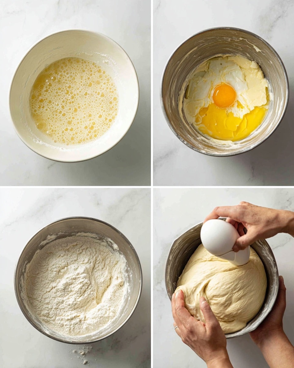 The image shows four steps of making dough in metal bowls on a white marbled surface. The top left part has a white bowl with bubbly light beige yeast mixture. The top right part shows a metal bowl with melted yellow butter and a whole cracked egg on top. The bottom left part displays yeast mixture and white flour in a metal bowl before mixing. The bottom right part shows a metal bowl with smooth, sticky dough being handled by two hands, one holding a white dough hook attachment. Photo taken with an iphone --ar 4:5 --v 7
