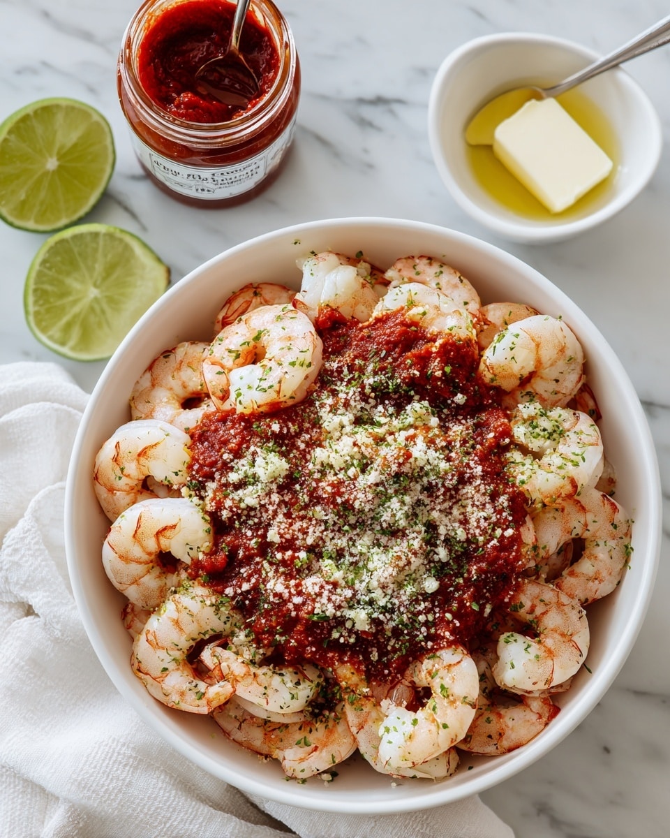 A white bowl filled with raw shrimp arranged in a circular pile, topped with a bright red spicy paste and sprinkled with green herbs and white powder seasoning. The bowl sits on a white marbled surface covered partly by a white napkin. Nearby, there is a small white dish with light yellow oil and a piece of butter, and next to it, two halves of a green lime. In the bottom left corner, there is an open jar of red chili sauce with a white label. photo taken with an iphone --ar 4:5 --v 7