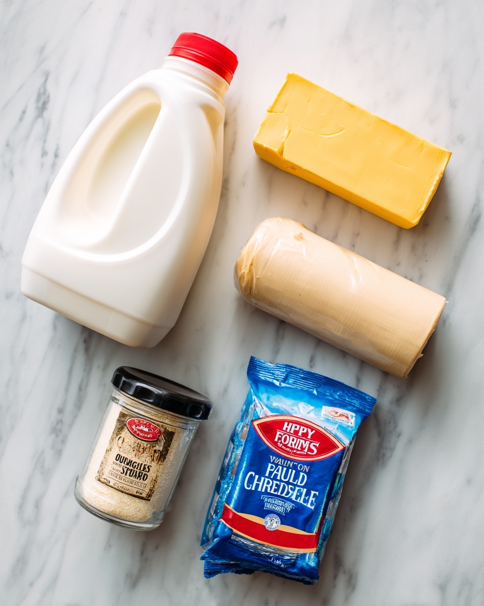 The image shows a collection of baking ingredients neatly placed on a white marbled surface. There is a stick of salted butter with its wrapper mostly visible in the center, flanked by two small white bowls containing white granulated sugar and salt. To the left is a gallon of whole milk with a red cap, and below it is a carton of 12 large eggs with a yellow hen illustration. On the right side, there is a white bag of all-purpose flour with blue print and a small dark bottle of vanilla extract with a white cap. The items are arranged in a clean, organized layout, viewed from above. photo taken with an iphone --ar 4:5 --v 7