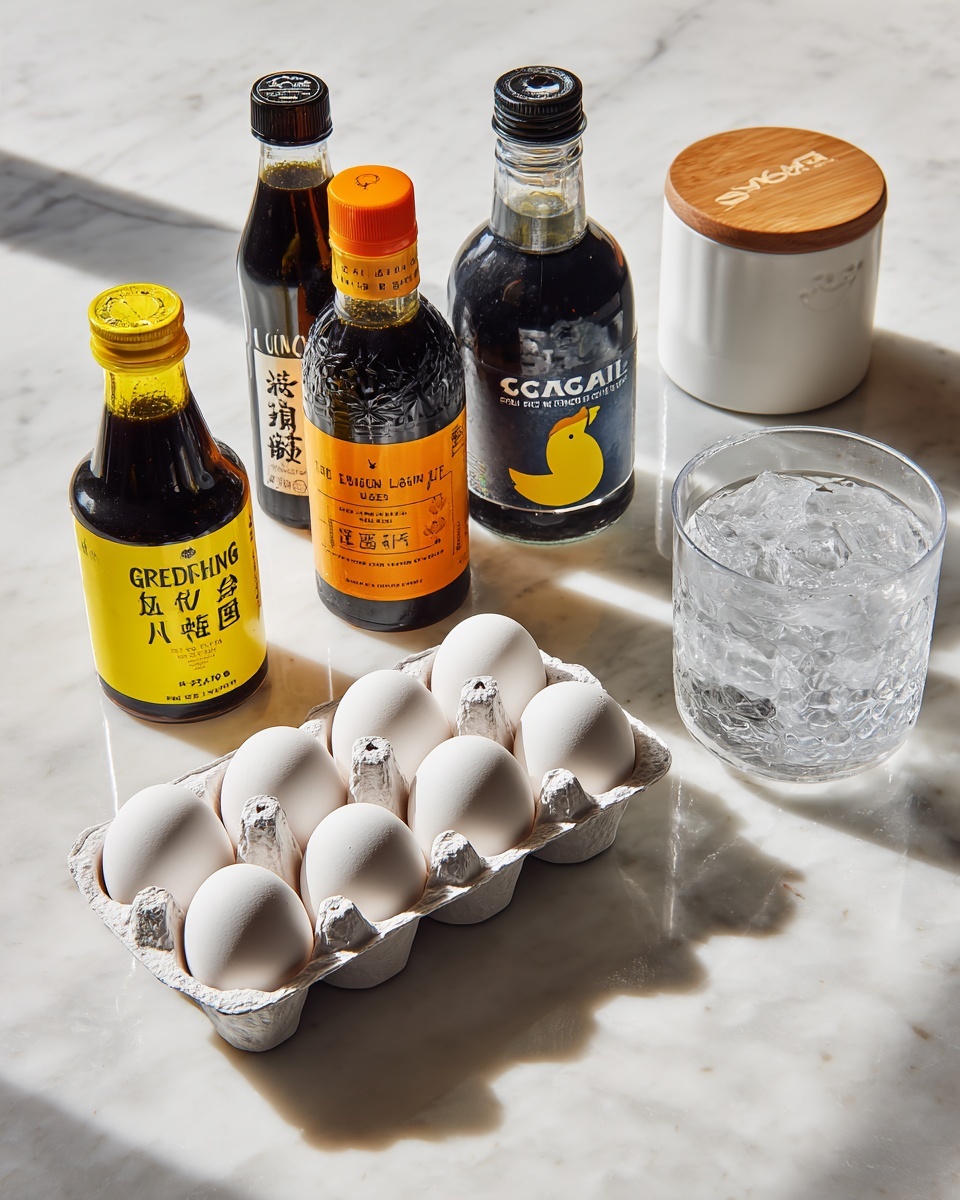 The image shows a white marbled surface with six main items arranged neatly. In the center front, there is a white egg carton labeled