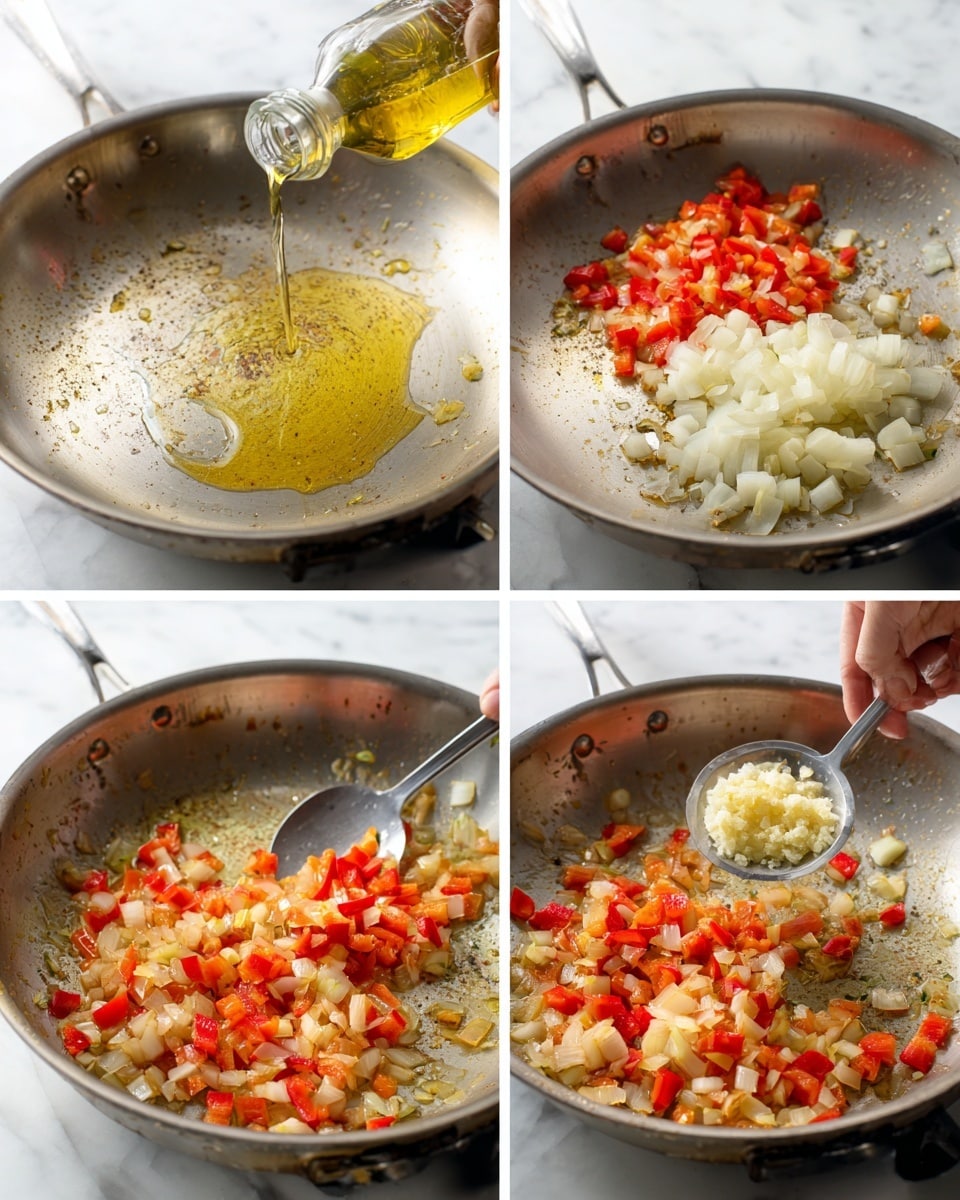 A shiny large metal frying pan sits on a stovetop with a clear layer of oil being poured in from a glass bottle in the first image. In the second image, chopped white onions and bright red bell peppers are being added from a white plate into the pan, with a metal spoon helping guide them inside. The third image shows the ingredients lightly cooked, with the onions turning translucent and the red peppers softening as a woman's hand adds minced garlic from a small white bowl into the pan with the help of a metal spoon. The fourth image captures the mixture being stirred, showing a colorful mix of golden onions, softened red peppers, and garlic cooking evenly in the frying pan. The whole scene rests on a white marbled surface photo taken with an iphone --ar 4:5 --v 7