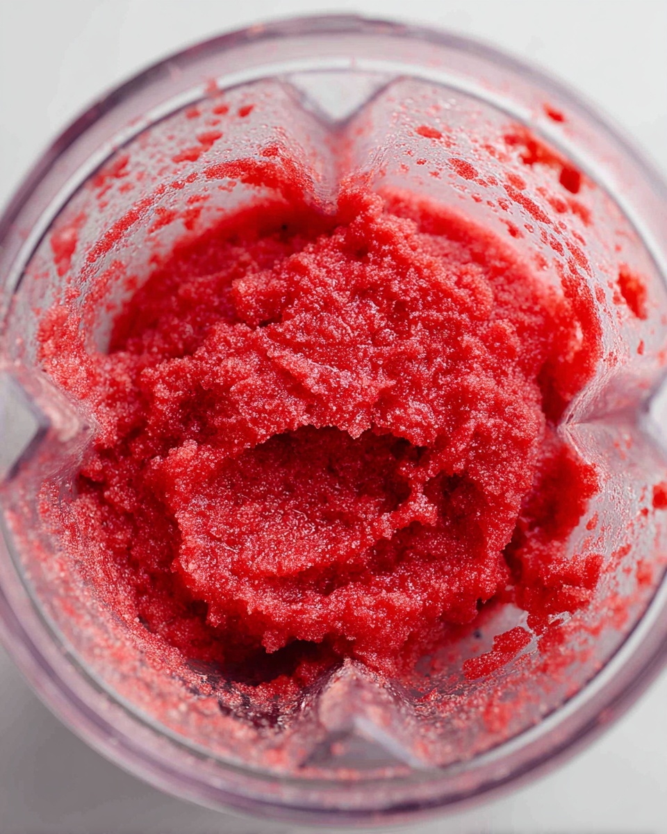 A close-up top view of a clear blender jar filled with a thick red slushy mixture, showing a rough texture with some smoother parts towards the middle. The mixture is spread unevenly inside the jar, with small bits stuck on the sides. The jar sits on a white marbled surface, with the image focused on the vibrant red blend inside the blender. photo taken with an iphone --ar 4:5 --v 7