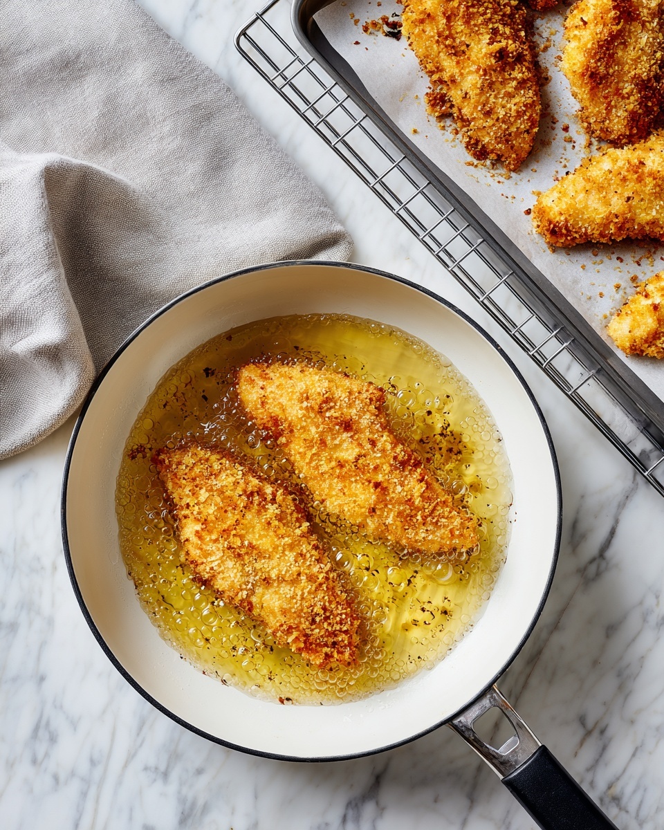 The image shows two breaded chicken pieces frying in light golden oil inside a white pan with black edges and a long handle, placed on a white marbled surface. The chicken pieces have a crispy, crumbly outer layer in light brown and golden tones, partially submerged in the bubbling oil. Above the pan, on the white marbled surface, there is a baking tray lined with parchment paper holding more breaded chicken pieces with the same color and texture. Next to it is a wire rack on a similar tray. A soft gray cloth is placed to the side of the pan. The overall scene has a clean and bright look with a focus on the frying process photo taken with an iphone --ar 4:5 --v 7