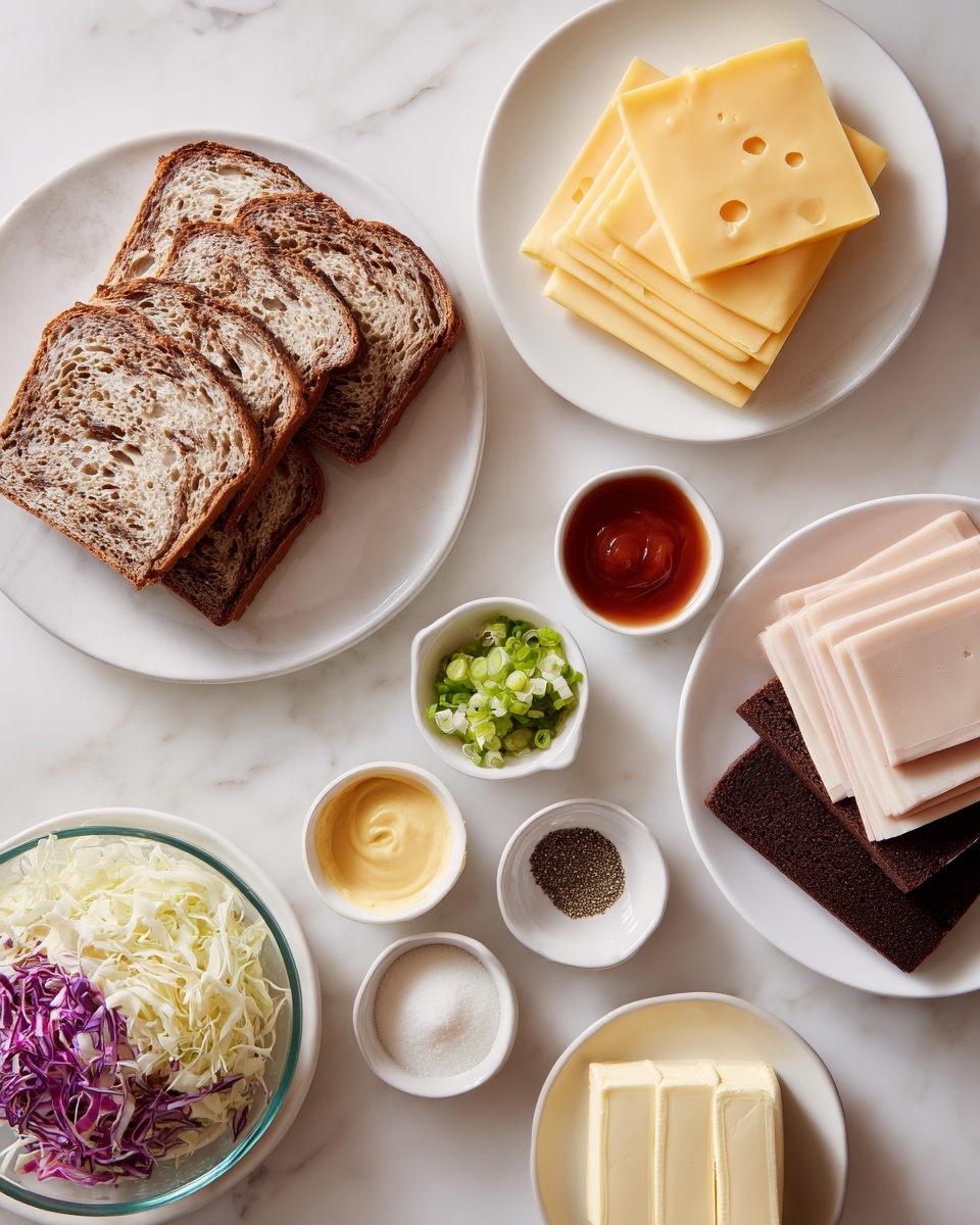 The image shows several white plates arranged on a white marbled surface. At the top left, there is a plate with six slices of type of brown and white marbled bread neatly stacked. To the right of it, there is a small pile of eight yellow cheese slices with eye holes on a white plate. Below the cheese are thin folded dark brown deli meat slices stacked on the right half of a white plate, with pale beige deli meat slices stacked on the left half. Around these plates are small bowls with various condiments: a small bowl of thick pale yellow sauce on the top right, a bowl with chopped green pickles below it, a bowl with reddish ketchup in the center, a bowl with a beige creamy sauce on the bottom left, and a bowl with a mix of white salt and black pepper on the bottom right. A clear bowl with shredded cabbage, carrot, and purple cabbage salad sits on the bottom left. At the bottom right is a white plate with two sticks of pale yellow butter still wrapped in paper. photo taken with an iphone --ar 4:5 --v 7