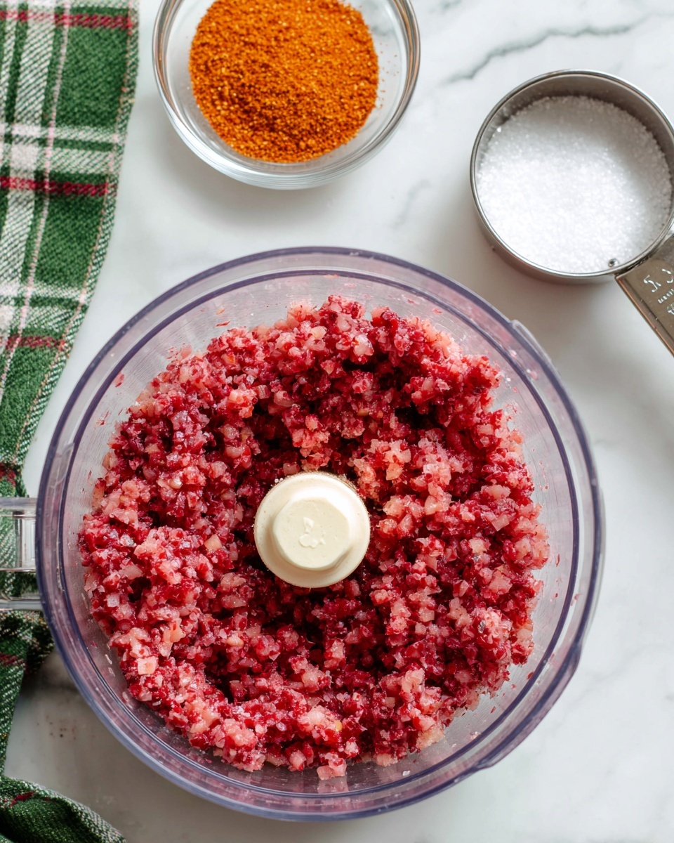 A clear food processor bowl filled with finely chopped red and pink fruit mixture sits on a white marbled surface. To the upper left of the bowl is a small glass bowl containing a fine orange powder, and to the upper right is a metal measuring cup with white granulated sugar. A green and white plaid cloth is partially visible on the left side of the image. The overall colors are mainly red, pink, white, and green. photo taken with an iphone --ar 4:5 --v 7