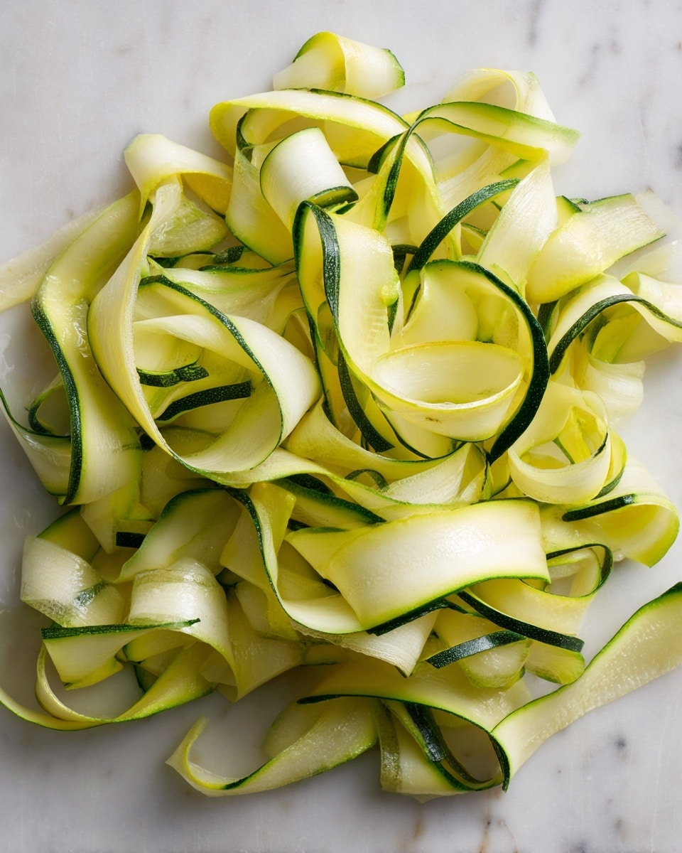 The image shows many thin, wide ribbons of zucchini piled loosely on a white marbled surface. The ribbons vary in shades of light green and pale yellow with smooth textures and slightly curled edges. Some pieces have dark green skin along one edge, adding contrast to the light inner flesh. The ribbons overlap each other randomly, creating a soft, layered look with some ribbons curling upwards and others lying flat. photo taken with an iphone --ar 4:5 --v 7