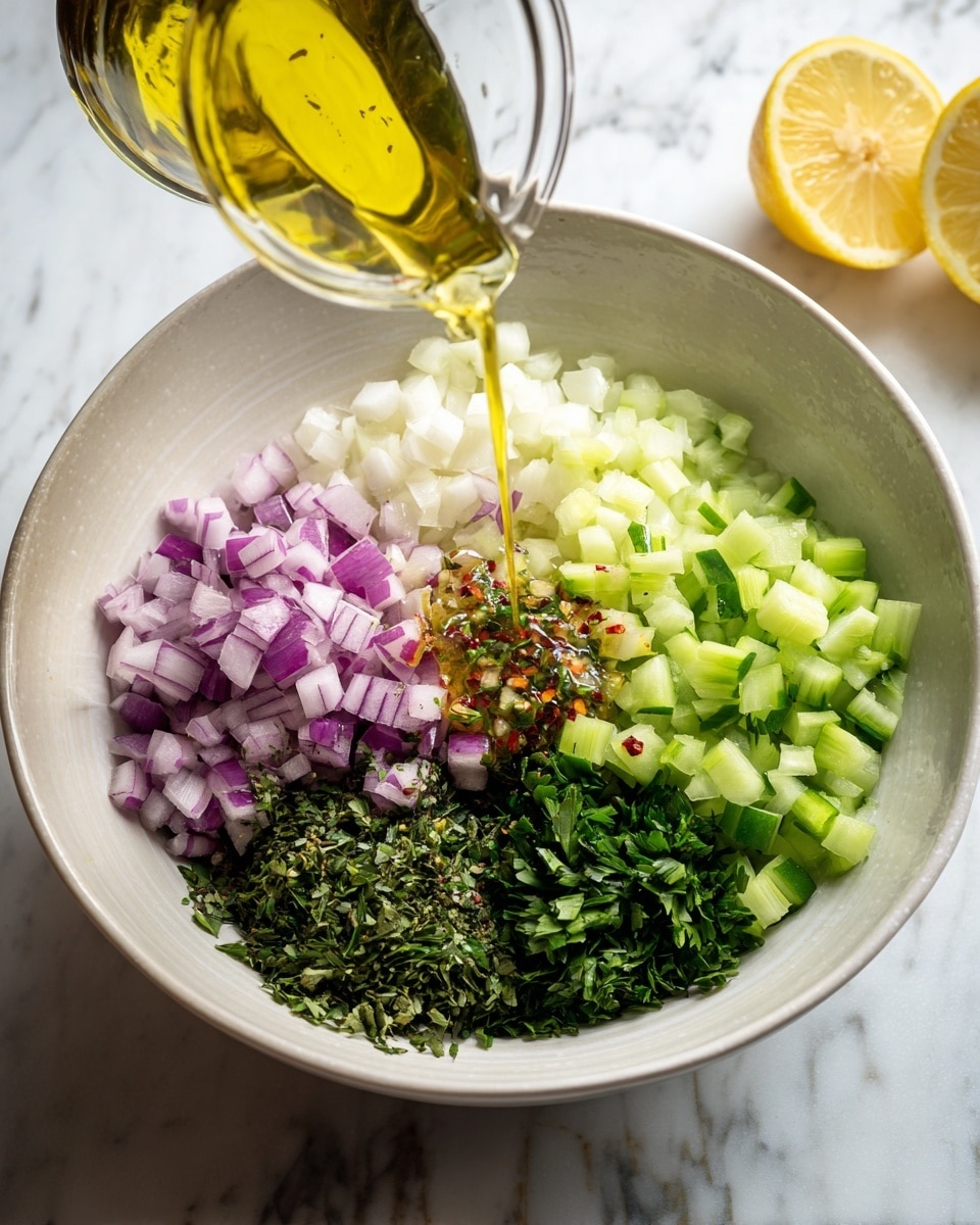 A deep white bowl sits on a white marbled surface holding five separate piles of finely chopped ingredients: purple and white diced onions at the top left, light green cucumber pieces to the right, bright green celery slices at the bottom right, dark green leafy herbs at the bottom left, and a mix of darker chopped herbs near the center. A clear glass container is pouring a yellow dressing with bits of red pepper flakes over the center of the ingredients, spreading slightly over the greens. A sliced lemon is partly visible in the top right corner. Photo taken with an iphone --ar 4:5 --v 7