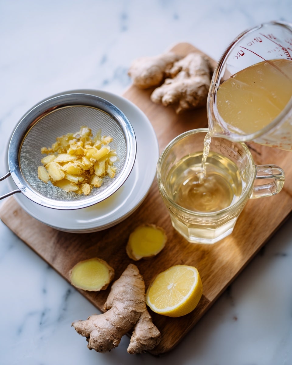 The image shows two scenes side by side on a white marbled surface. On the left, a white bowl holds a fine metal strainer with pieces of yellow and light brown ginger inside. On the right, a clear measuring cup is pouring a light brown liquid into a small clear glass cup set on a wooden board. Around the cup are pieces of ginger root and a half lemon sliced open, with another empty clear glass cup close by. The colors focus on the light browns of ginger, the pale yellow of the lemon, and the clear glass containers. photo taken with an iphone --ar 4:5 --v 7
