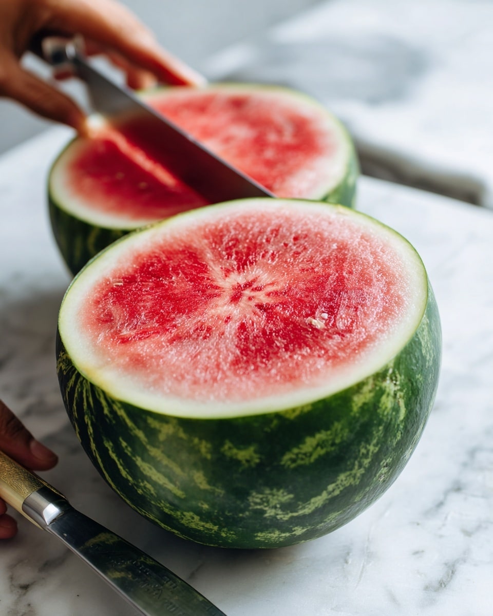 The image shows a close-up of a round watermelon being cut in half on a white marbled surface. The watermelon has a dark green, slightly shiny outer skin with light green patches. The inner part of the watermelon displays a thick white rind layer surrounding a vibrant red center. Two halves of the watermelon sit in the upper part of the image, showing the white rind with a blurred red core. A woman's hand holds the watermelon steady on the left, while another woman's hand grips a large knife cutting through the fruit in the middle. The knife blade is shiny and silver with a black handle. Photo taken with an iphone --ar 4:5 --v 7