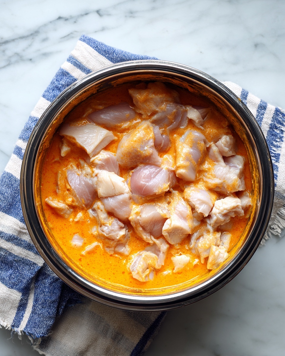 Inside a metal pot with a black rim, there are two layers of raw pale chicken pieces at the bottom. These are covered with a thick, bright orange sauce that spreads unevenly over the chicken. The pot sits on a white marbled surface with a blue and white striped cloth partially visible underneath. The photo taken with an iphone --ar 4:5 --v 7