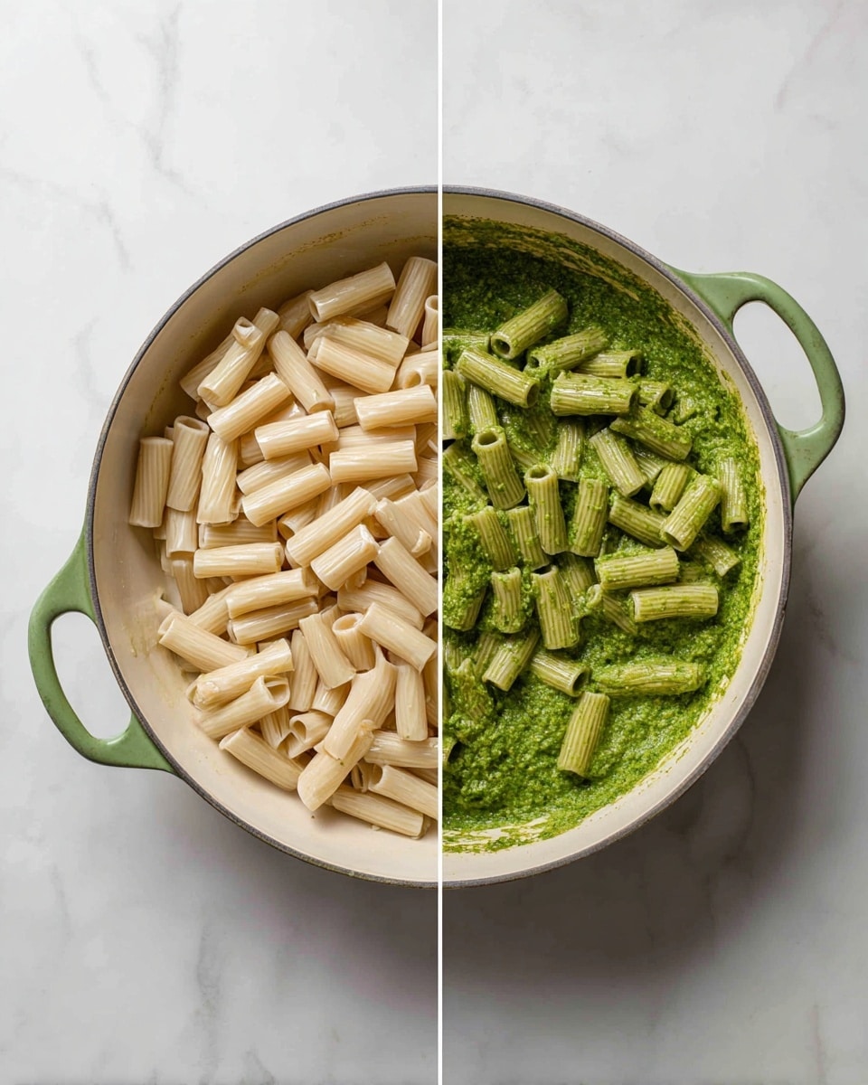 The image shows two side-by-side photos of a white pan with a green handle on a white marbled surface. In the left photo, short tube pasta pieces are piled on top of a layer of bright green sauce spread evenly inside the pan. The pasta is light beige, smooth, and uncooked, contrasting with the thick, creamy green sauce beneath. The right photo shows the same pan after the pasta is mixed with the green sauce, coating each pasta piece thoroughly. The pasta appears glossy and has a consistent green color, as the sauce covers every piece. The pan sits on a clean white marbled background. photo taken with an iphone --ar 4:5 --v 7