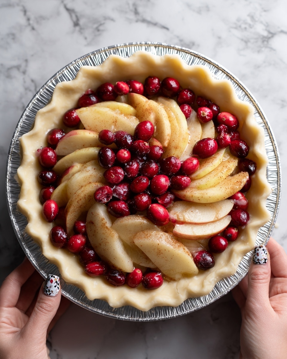 A close-up view of a pie before baking, showing three main layers; the bottom layer is a smooth, pale pastry crust with a slightly crimped edge; the middle and top layers are filled with thick, curved slices of light yellow apples edged with red skin, mixed with bright red cranberries coated unevenly in a light brown cinnamon-sugar mix. The pie sits on a piece of shiny aluminum foil on a gray baking tray, placed over a white marbled surface. Two woman's fingers with patterned nails hold the tray at the bottom corners. Photo taken with an iphone --ar 4:5 --v 7