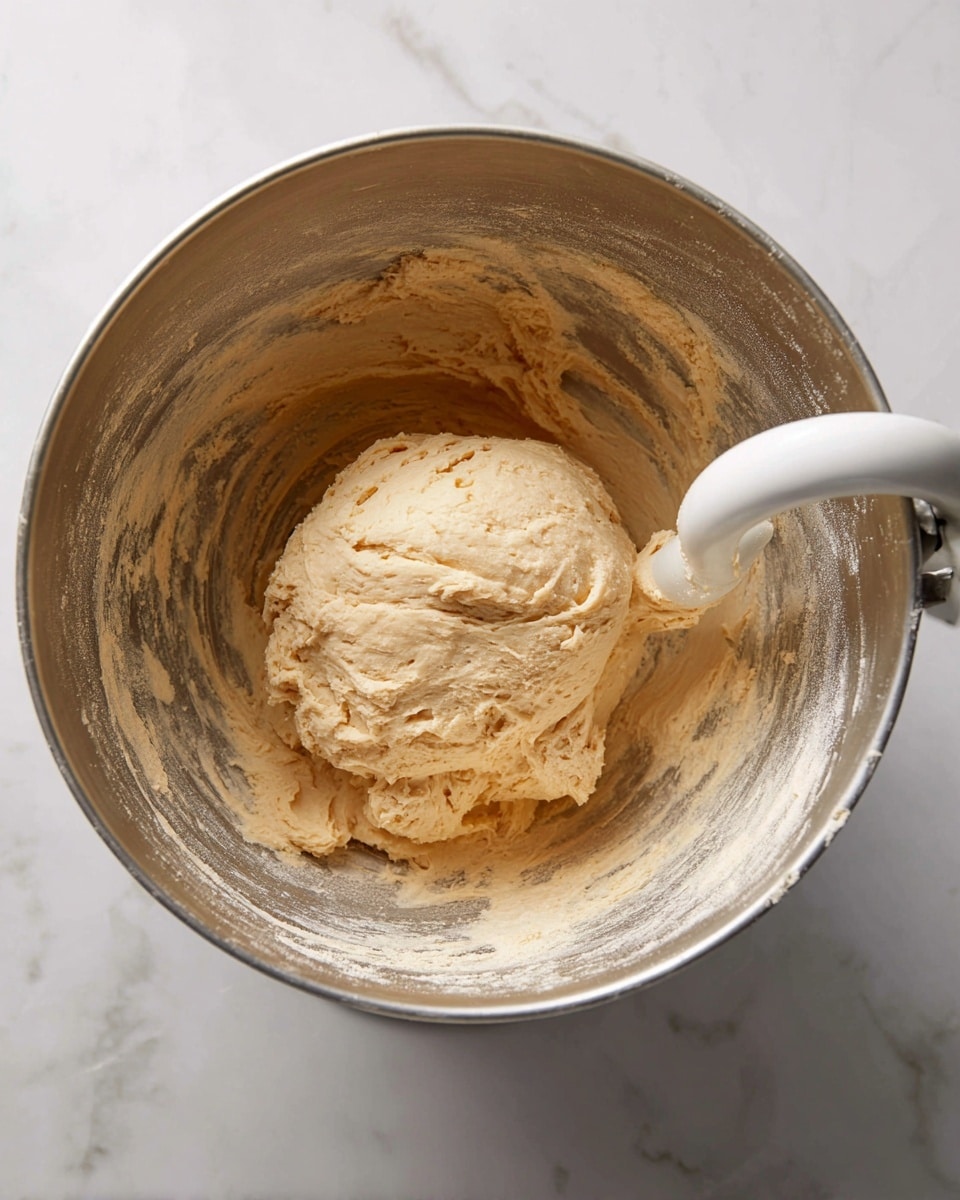 Inside a large silver mixing bowl with a white dough hook attached, there is a single large ball of light beige dough with a slightly bumpy texture. The dough clings partly to the dough hook which curves into the dough from the right side. The bowl has light smudges of dough residue on its sides. The bowl sits on a white marbled surface, and the image is viewed from above. photo taken with an iphone --ar 4:5 --v 7