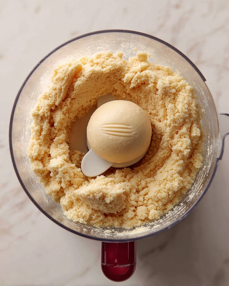 Inside a clear food processor bowl on a white marbled surface, there are two types of dough: one portion is formed into a smooth, round ball with a light beige color and slight indent marks, while the surrounding dough is crumbly and rough with a slightly paler yellow-beige tone. The white blade in the center contrasts with the dough textures. The food processor base is partially visible, showing a maroon-red handle area. photo taken with an iphone --ar 4:5 --v 7