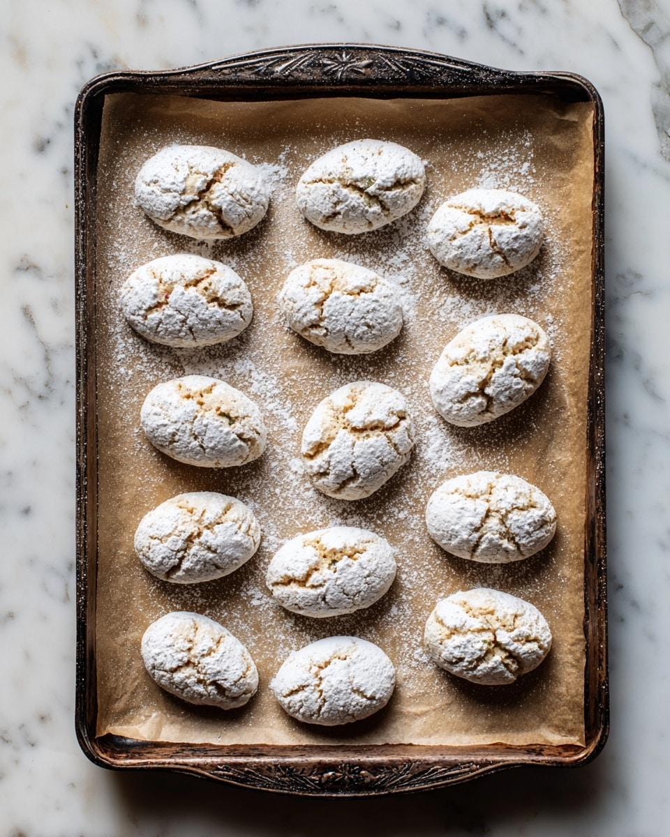 A dark metal baking tray with a worn look is lined with light brown parchment paper that has some darker, aged spots. On the tray, there are fifteen small, oval-shaped dough pieces arranged loosely in rows. Each dough piece is covered with a layer of white powdered sugar, creating a rough texture with cracked surfaces. The tray is placed on a white marbled surface. photo taken with an iphone --ar 4:5 --v 7