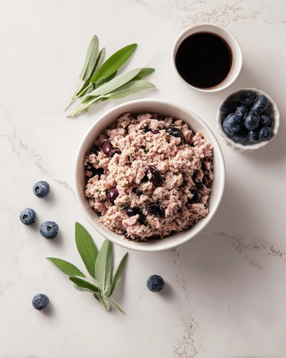 A white bowl filled with a mix of ground meat that has a light brown and pink texture, with scattered black olives mixed inside. Around the bowl on a white marbled surface are green sage leaves, a small white cup with dark liquid inside, a small white bowl holding a few blueberries, and some loose blueberries spread near the bowl. The setup is simple and clean, focusing on the earthy colors and textures of the ingredients. photo taken with an iphone --ar 4:5 --v 7