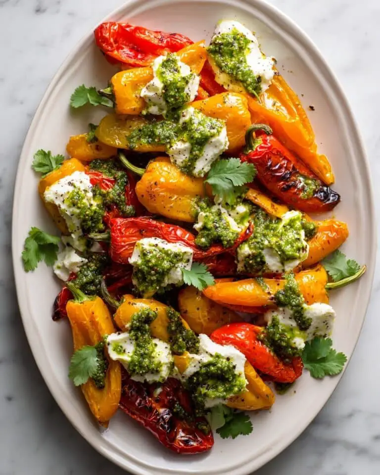 Grilled Mini Sweet Peppers with Goat Cheese and Jalapeño Cilantro Pistachio Pesto Recipe