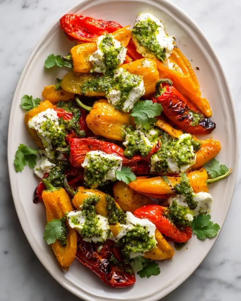 Grilled Mini Sweet Peppers with Goat Cheese and Jalapeño Cilantro Pistachio Pesto Recipe