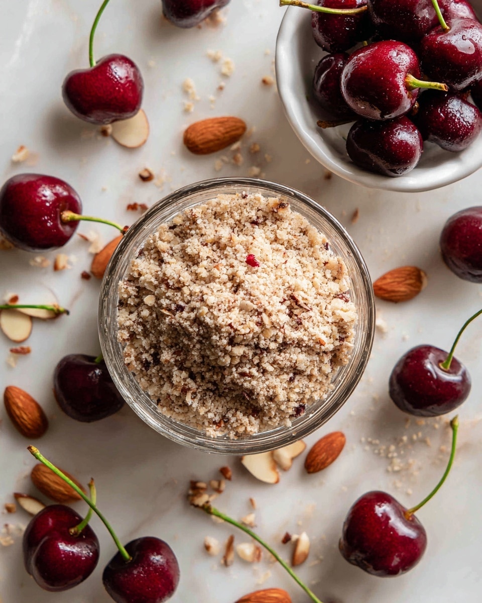 A clear glass bowl in the center filled with a crumbly oat and almond mix in shades of light brown and beige with a rough texture. Around the bowl on a white marbled surface are scattered deep red cherries with green stems and light almond slices. To the upper right, a small white bowl is filled with shiny dark and bright red cherries, adding a pop of color. The scene has a bright and fresh feeling with a mix of soft and sharp textures. Photo taken with an iphone --ar 4:5 --v 7
