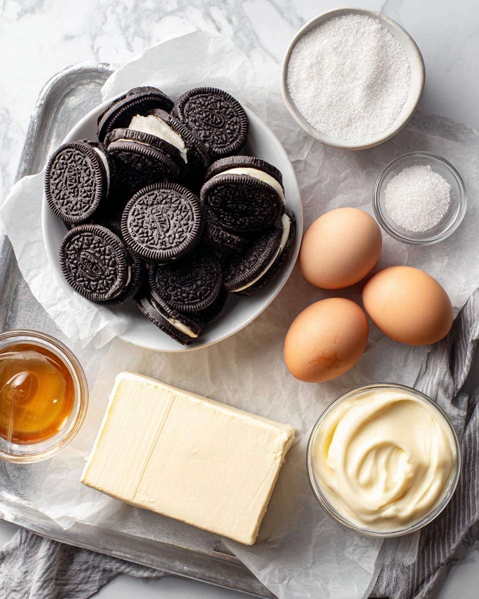 A white bowl is filled with many black and white sandwich cookies, placed on the top left of a silver tray lined with white parchment paper. To the right of the bowl, there are two light brown eggs resting closely together. Below the eggs is a small clear glass bowl filled with creamy white mixture. On the bottom right corner of the tray, there is a large block of white cream cheese with smooth texture, next to a smaller light yellow rectangular piece of butter. To the left of the butter, a small transparent cup contains light brown syrup, and above it, a clear glass bowl holds white sugar granules. The tray sits on a white marbled surface. photo taken with an iphone --ar 4:5 --v 7