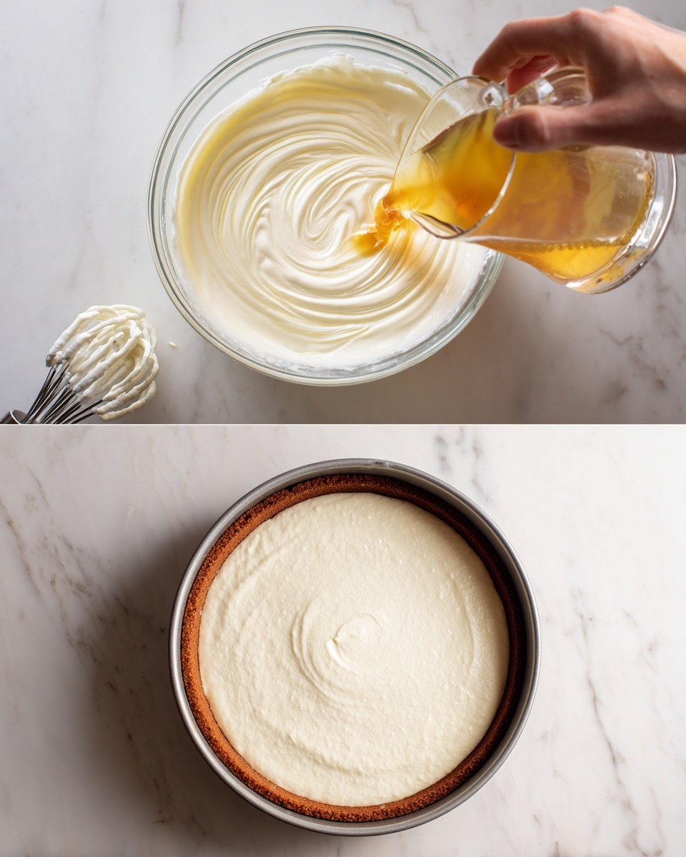 The image shows two vertical pictures of a dessert-making process on a white marbled surface. The top picture has a clear glass bowl containing a creamy white mixture with a swirl of golden liquid being added on top, held by a woman's hand pouring from a clear measuring cup. A metal electric mixer with white beaters with cream is partially visible next to the bowl. The bottom picture shows a round pan with a dark brown crust filled with a smooth, thick, creamy white layer spread evenly inside the pan. photo taken with an iphone --ar 4:5 --v 7